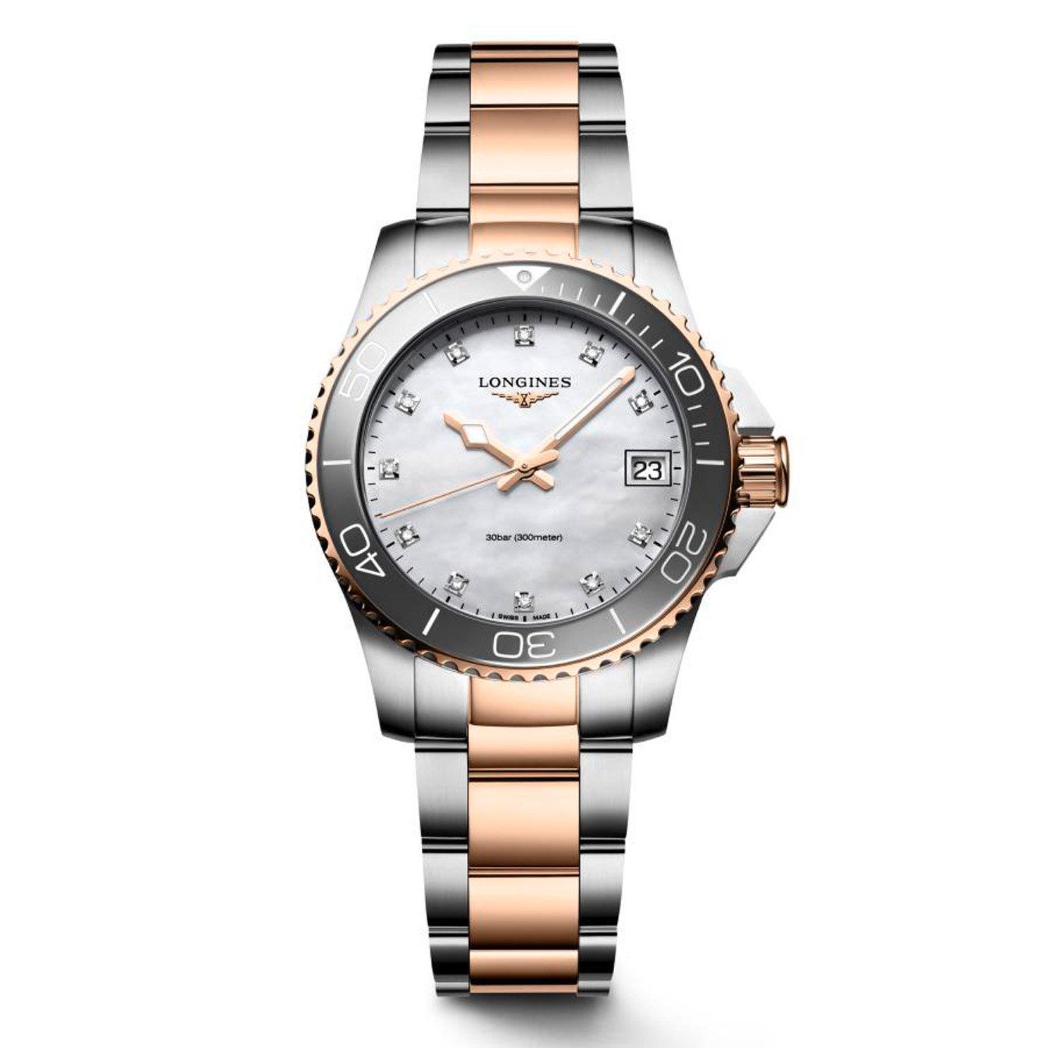 Longines HydroConquest Rose Gold Tone Mother of Pearl Diamond Quartz ...