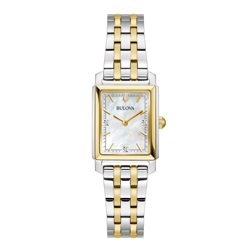 Bulova Sutton 21mm Stainless Steel and Yellow Gold Plated Diamond Ladies Watch 98P220 21 mm Mother of Pearl Dial Beaverbrooks