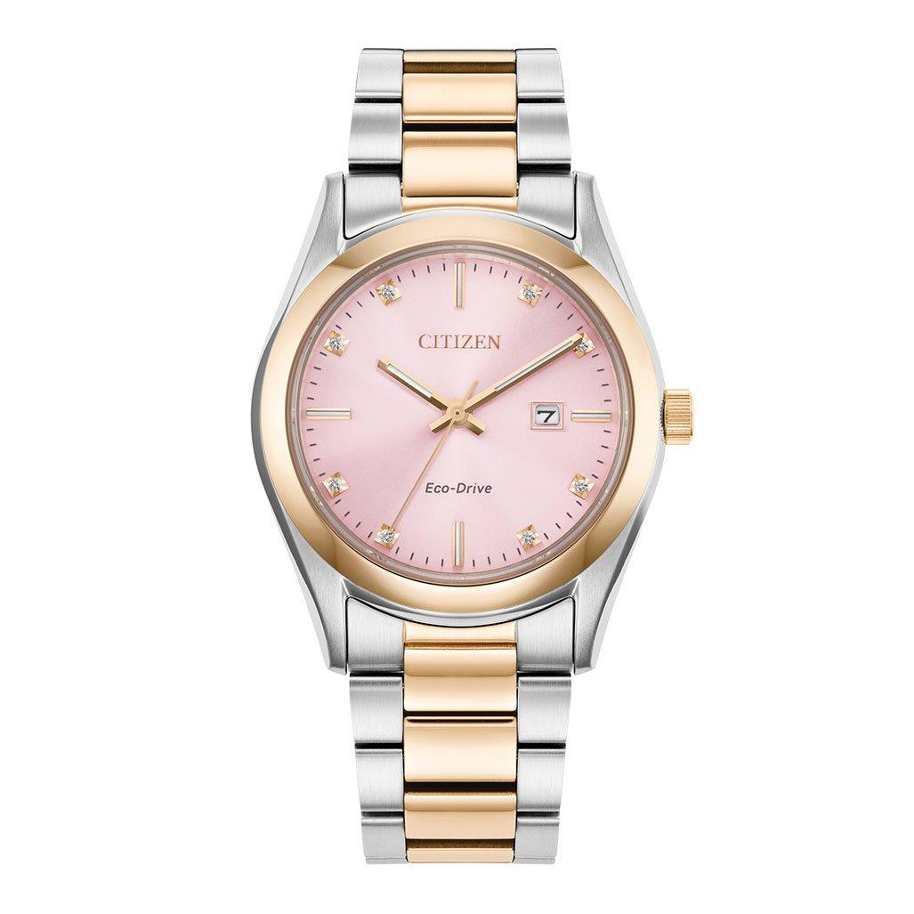 Citizen Diamond 33mm Stainless Steel and Rose Gold Tone Diamond Eco Drive Ladies Watch EW2706 58X 33 mm Pink Dial Beaverbrooks