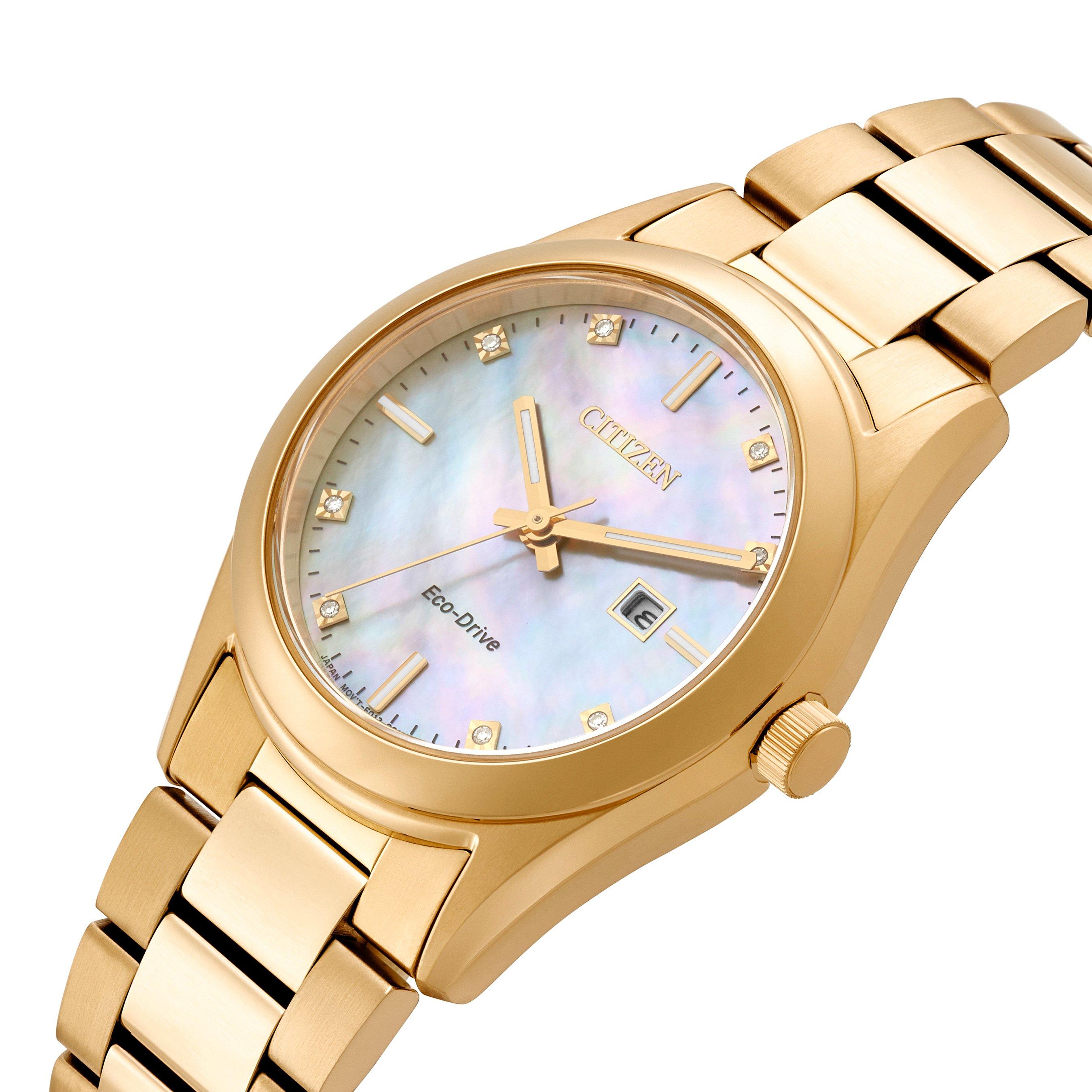 Citizen Diamond 33mm Yellow Gold Tone Mother of Pearl Eco Drive Ladies ...