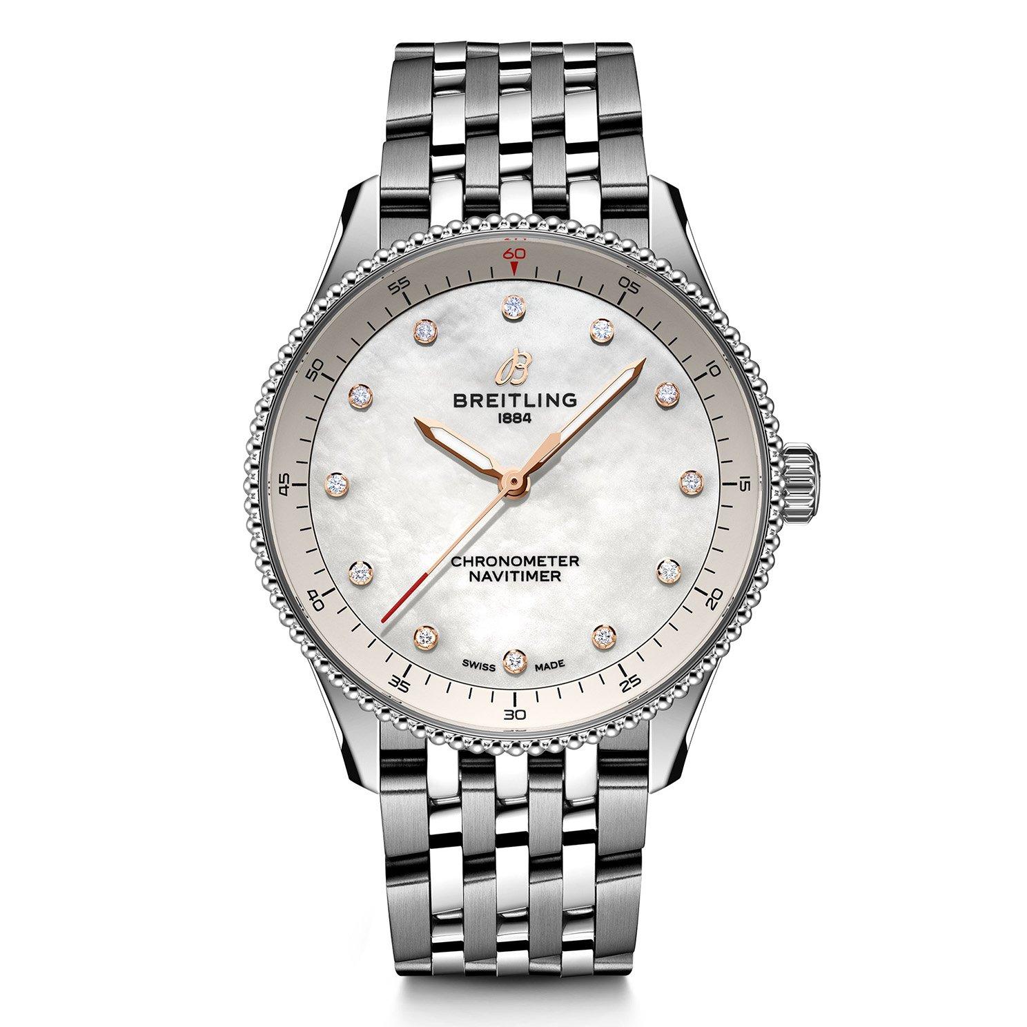 breitling mother of pearl face diamond bezel