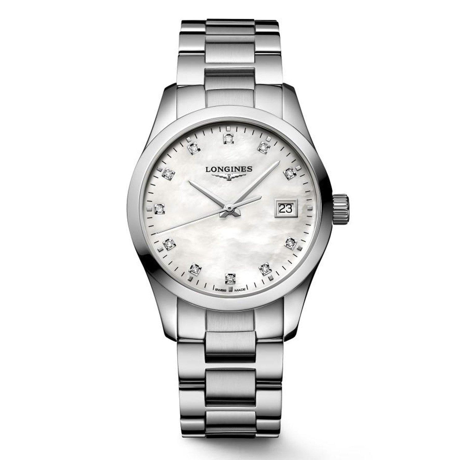 Longines Conquest Classic 34mm Diamond Mother of Pearl Ladies Watch ...