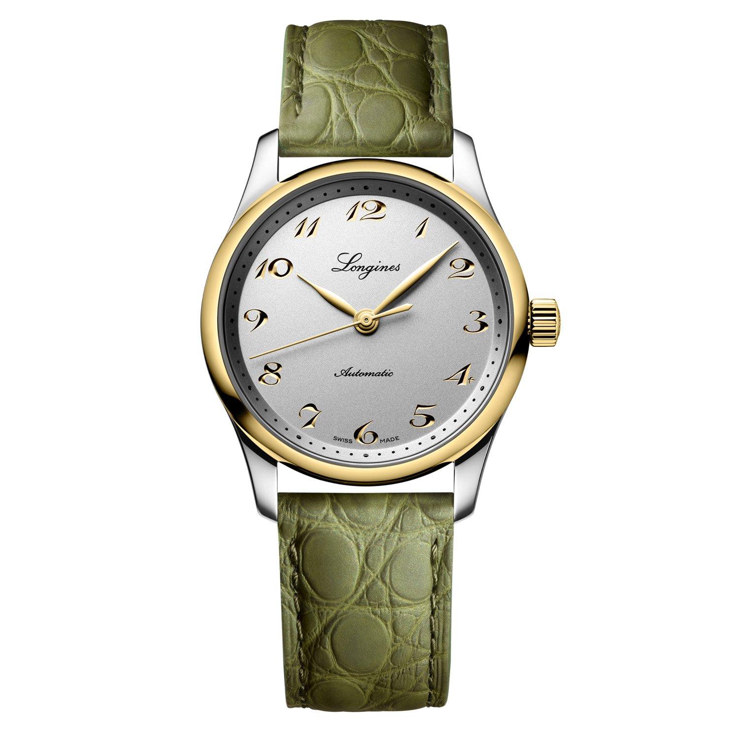 Longines Master Collection 34mm 18ct Yellow Gold Green Leather Strap Automatic Ladies Watch L23575722 34 mm Silver Dial Beaverbrooks