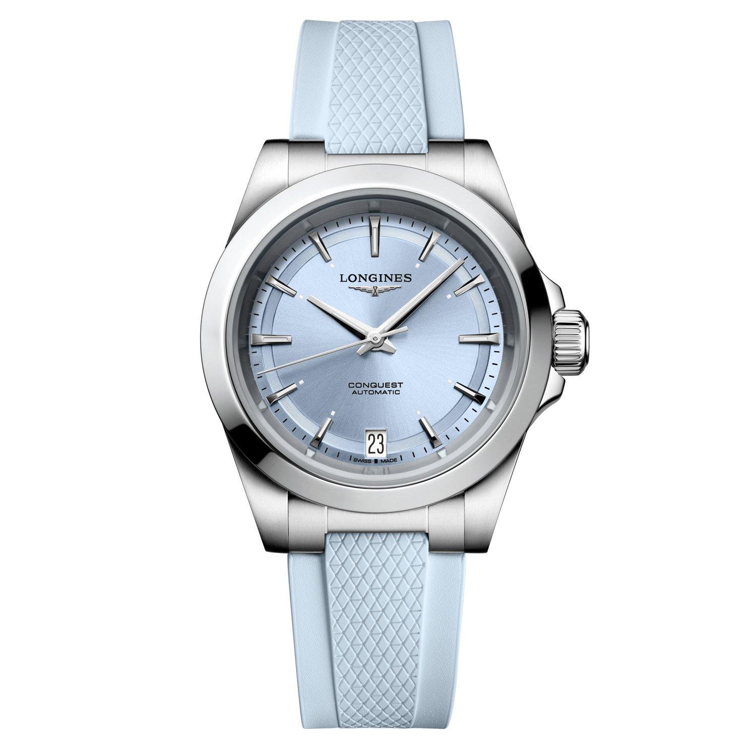 Longines Conquest 34mm Blue Rubber Strap Automatic Ladies Watch