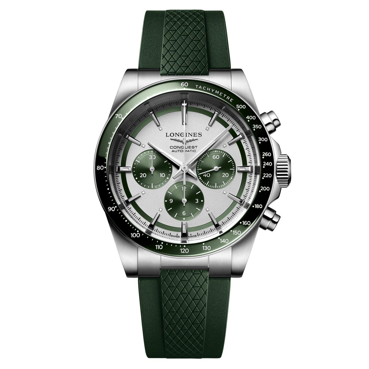 Longines Conquest 42mm Green rubber Strap Chronograph Automatic Men’s ...