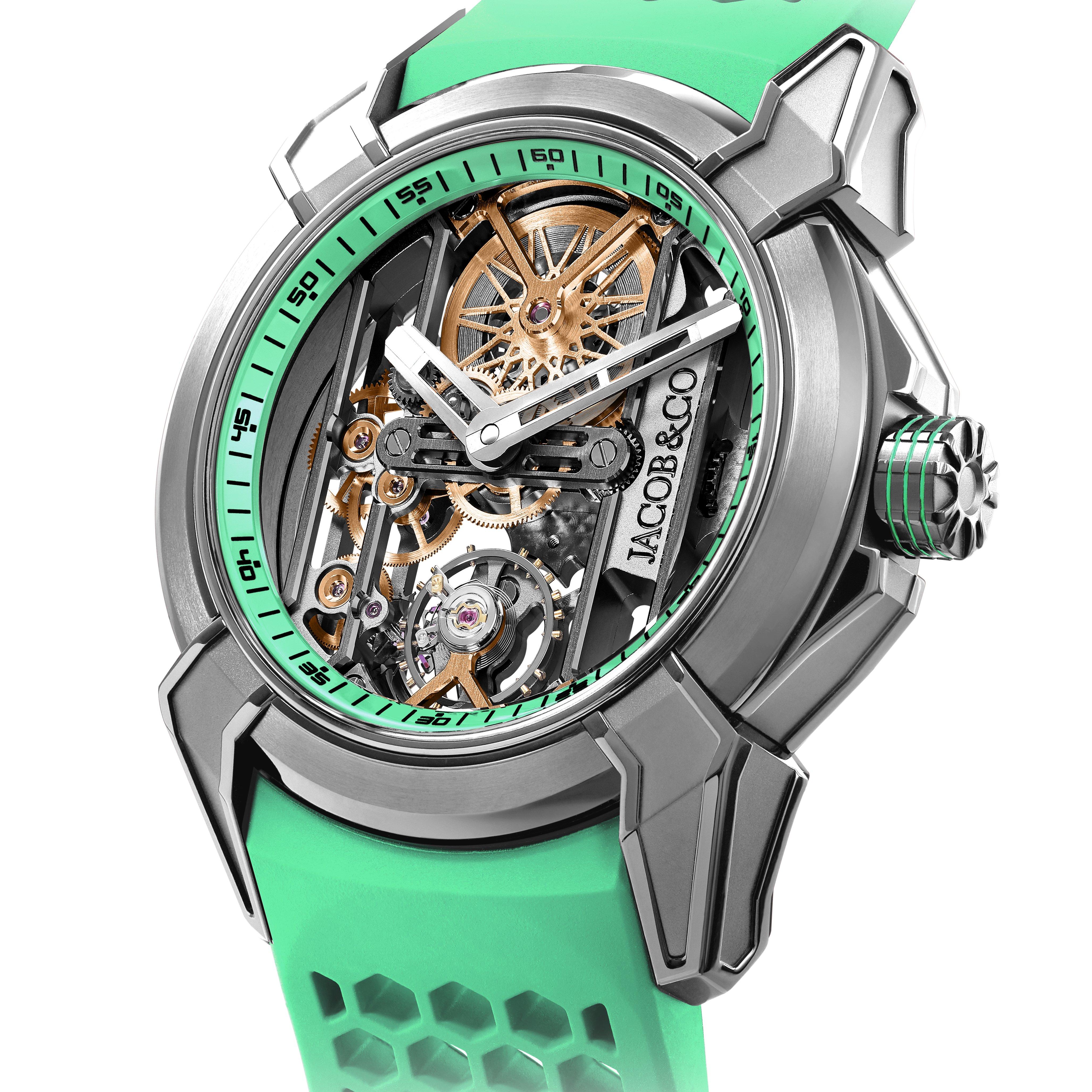 Jacob Co. Epic X Skeleton 44mm Mint Green Rubber Strap Men s Watch EX110.20.AP.AA.A 44 mm Green Dial Beaverbrooks