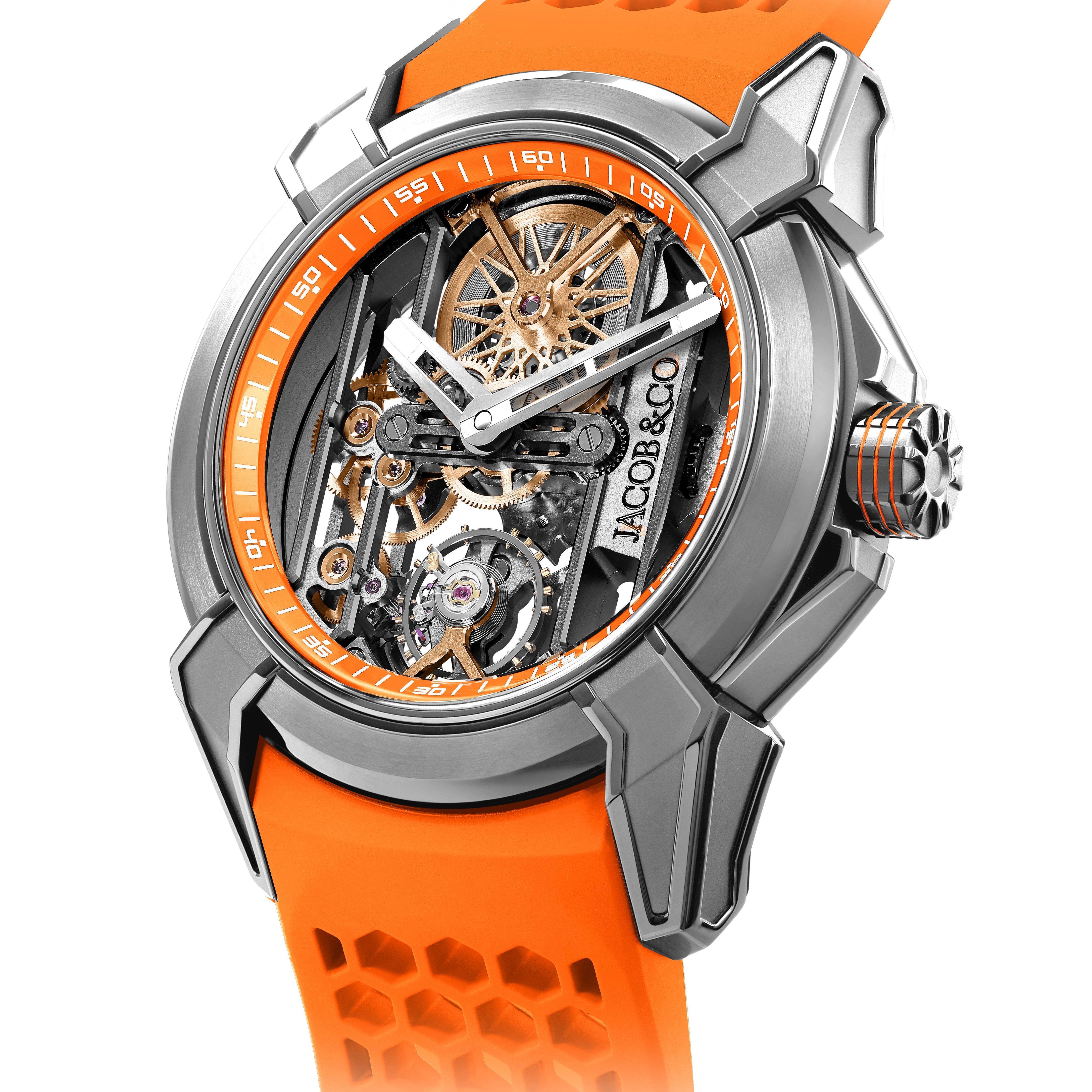 Jacob Epic X Skeleton 44mm Orange Rubber Strap Men's Watch