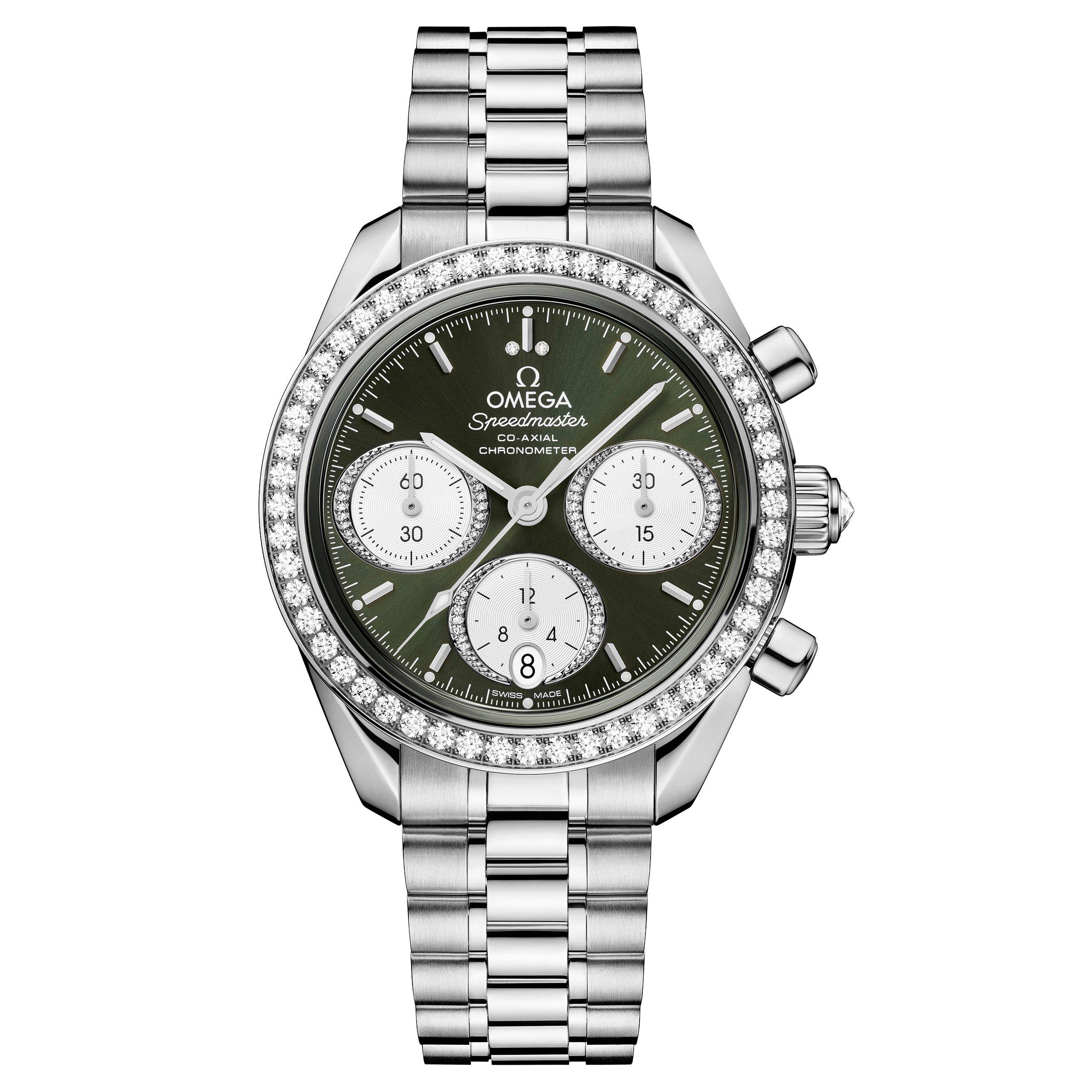 OMEGA Speedmaster 38mm Diamond Chronograph Automatic Ladies Watch 324.15.38.50.60.001 38 mm Green Dial Beaverbrooks