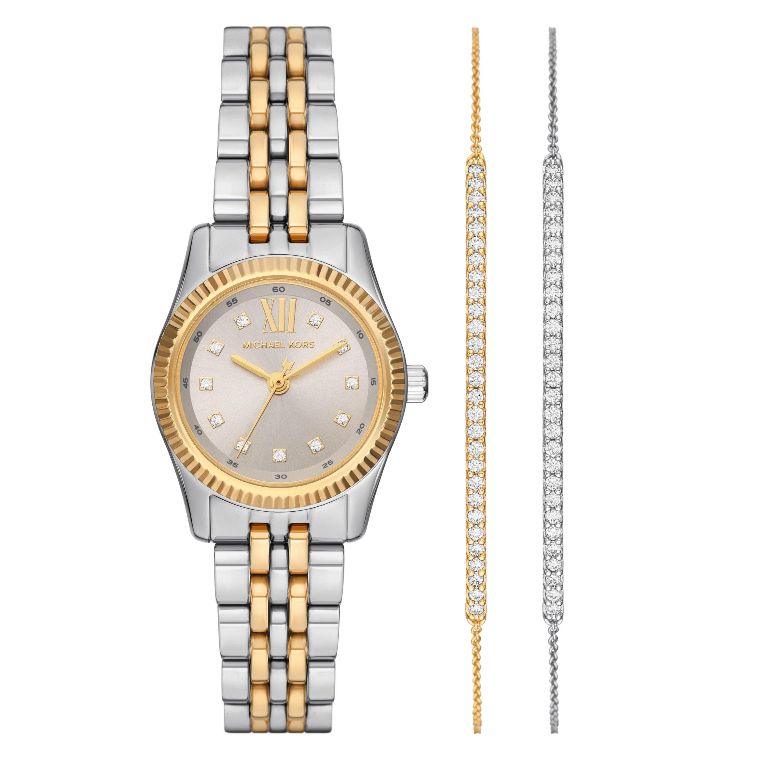 Michael Kors Lexington 26mm Stainless Steel and Yellow Gold Tone Watch and Crystal Bracelet Set