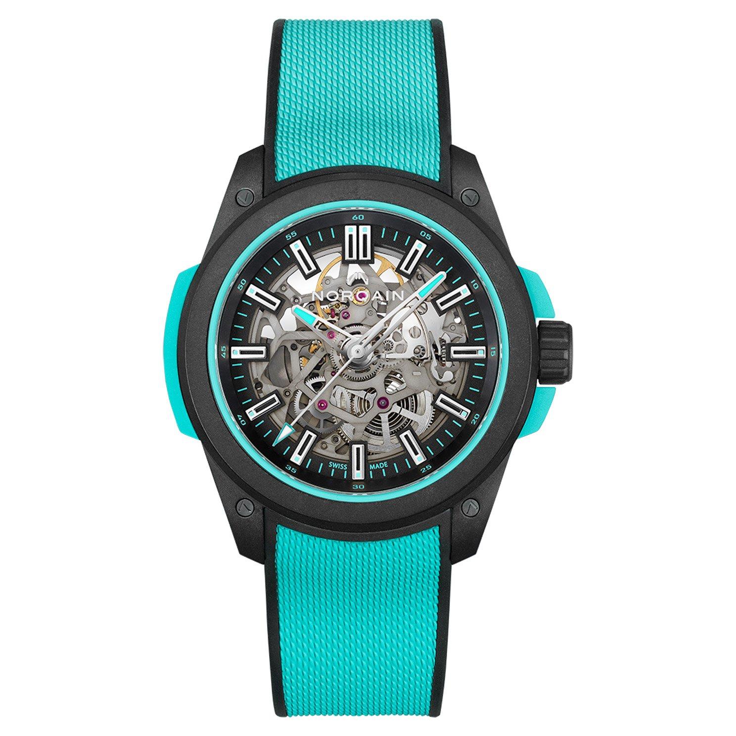 【NS 】 NORQAIN Wild ONE Skeleton 42mm Turquoise Rubber Strap Automatic