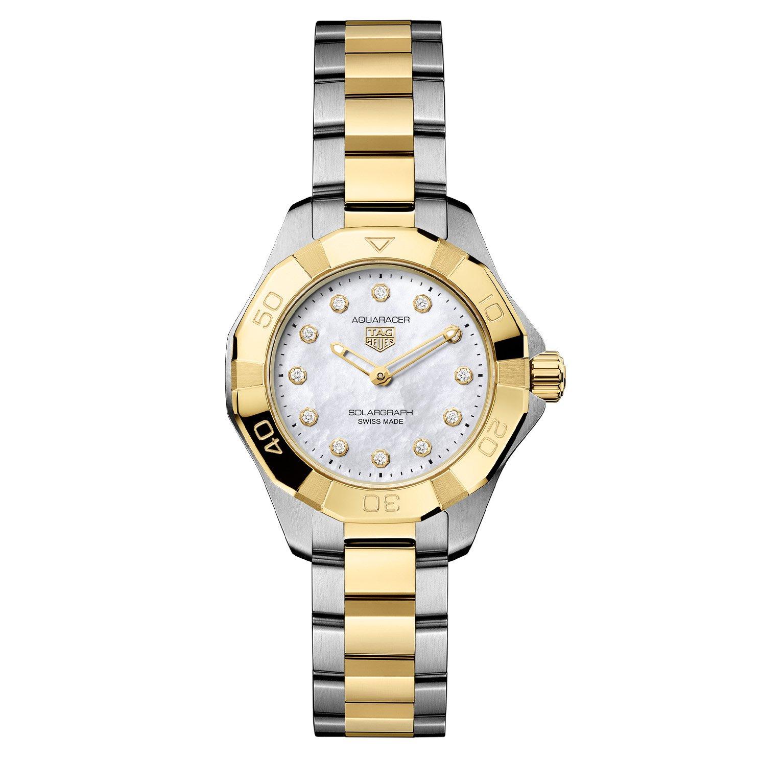 TAG Heuer Aquaracer Professional 100 Solargraph 28mm Stainless Steel and Yellow Gold Diamond Ladies Watch
