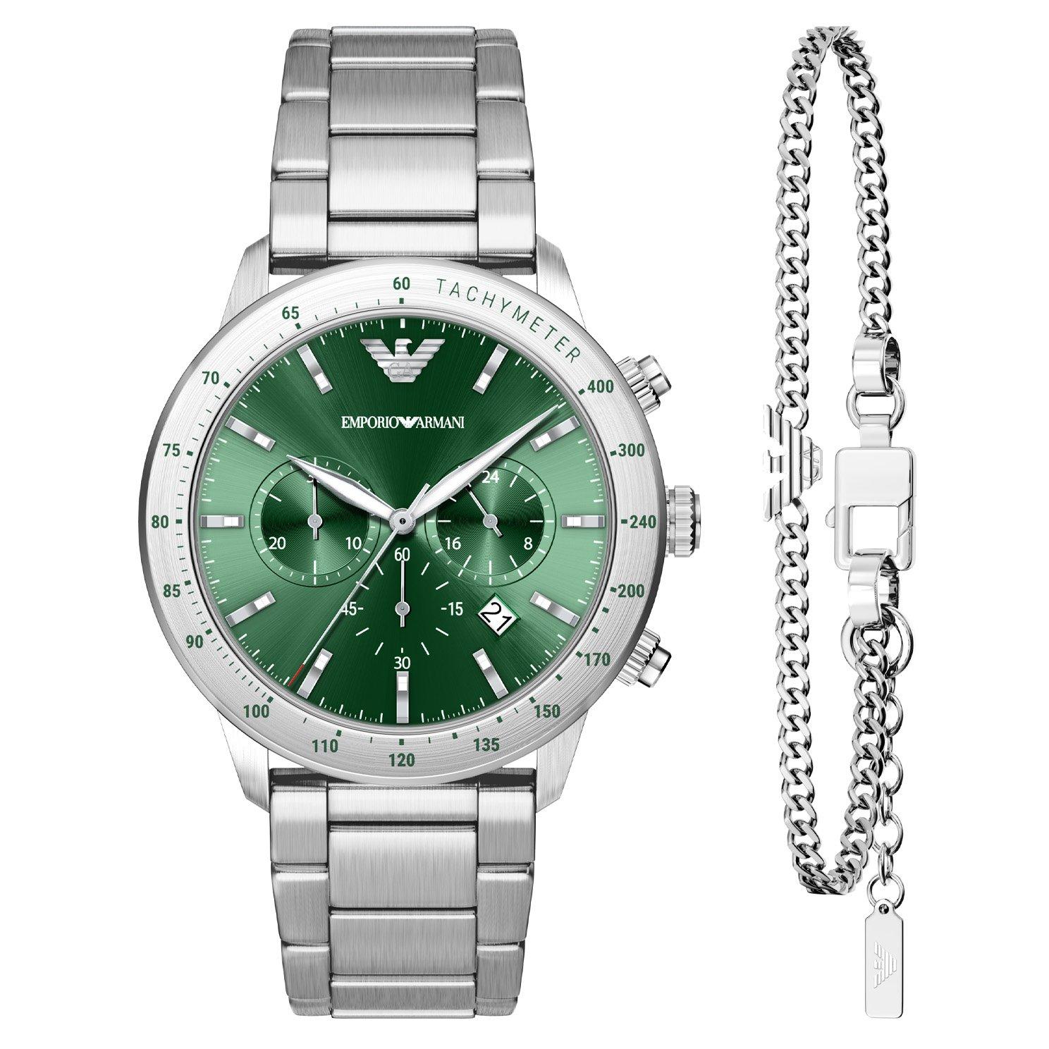 Emporio Armani Mario 43mm Stainless Steel Chronograph Men’s Watch and Bracelet Gift Set