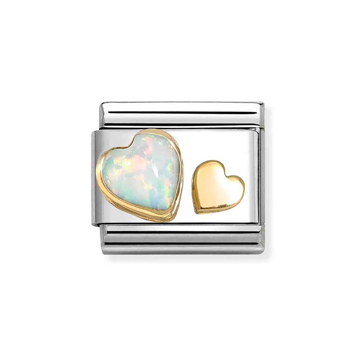 Nomination Composable Stainless Steel and Yellow Gold Plated White Opal Hearts Charm