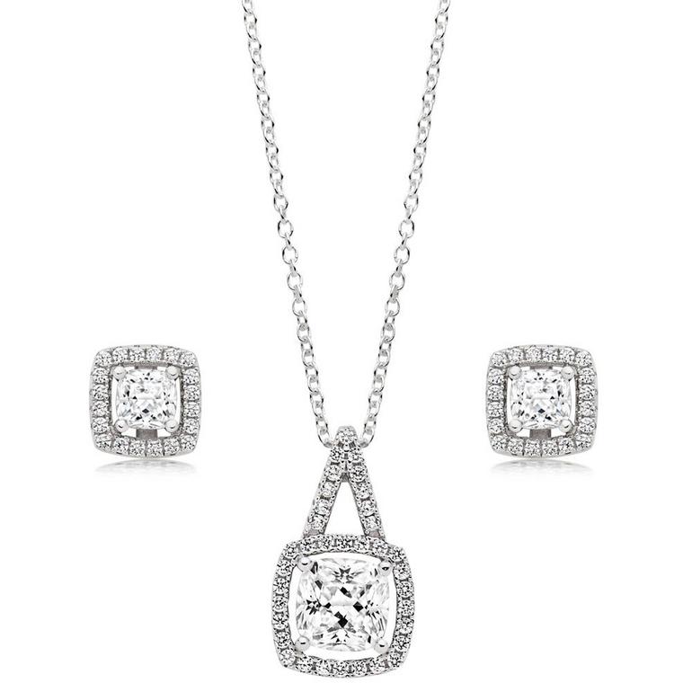 Silver Cubic Zirconia Halo Pendant and Earrings Set