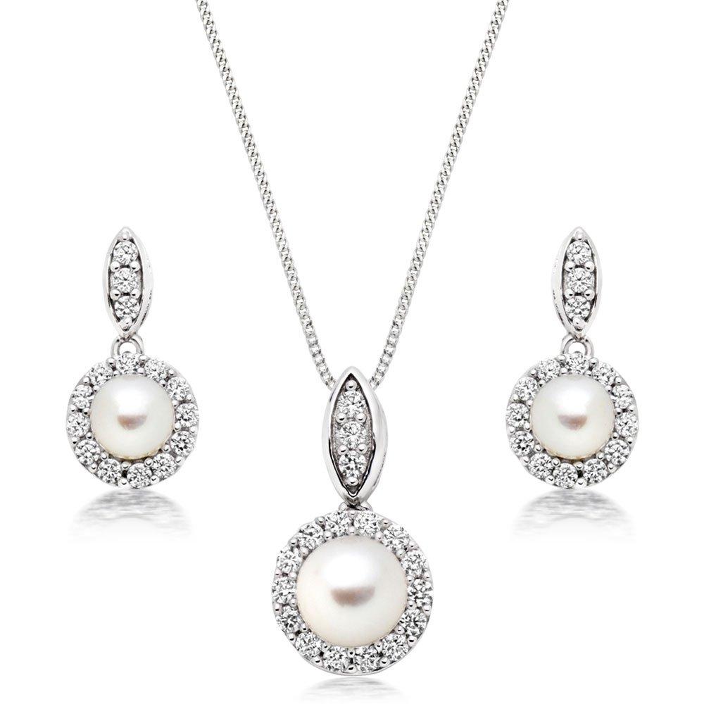 Silver Cubic Zirconia Freshwater Cultured Pearl Pendant and Earrings ...