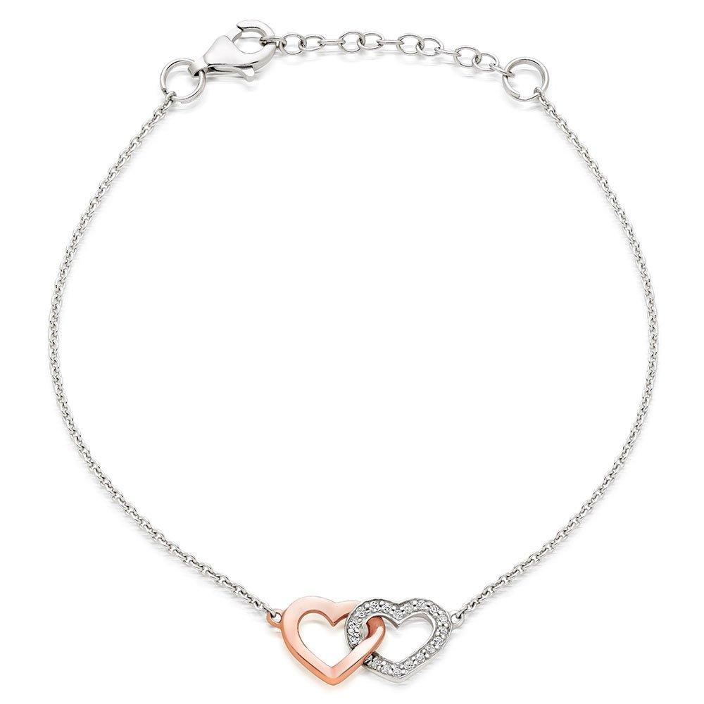 Silver and Rose Gold Plated Cubic Zirconia Double Heart Bracelet