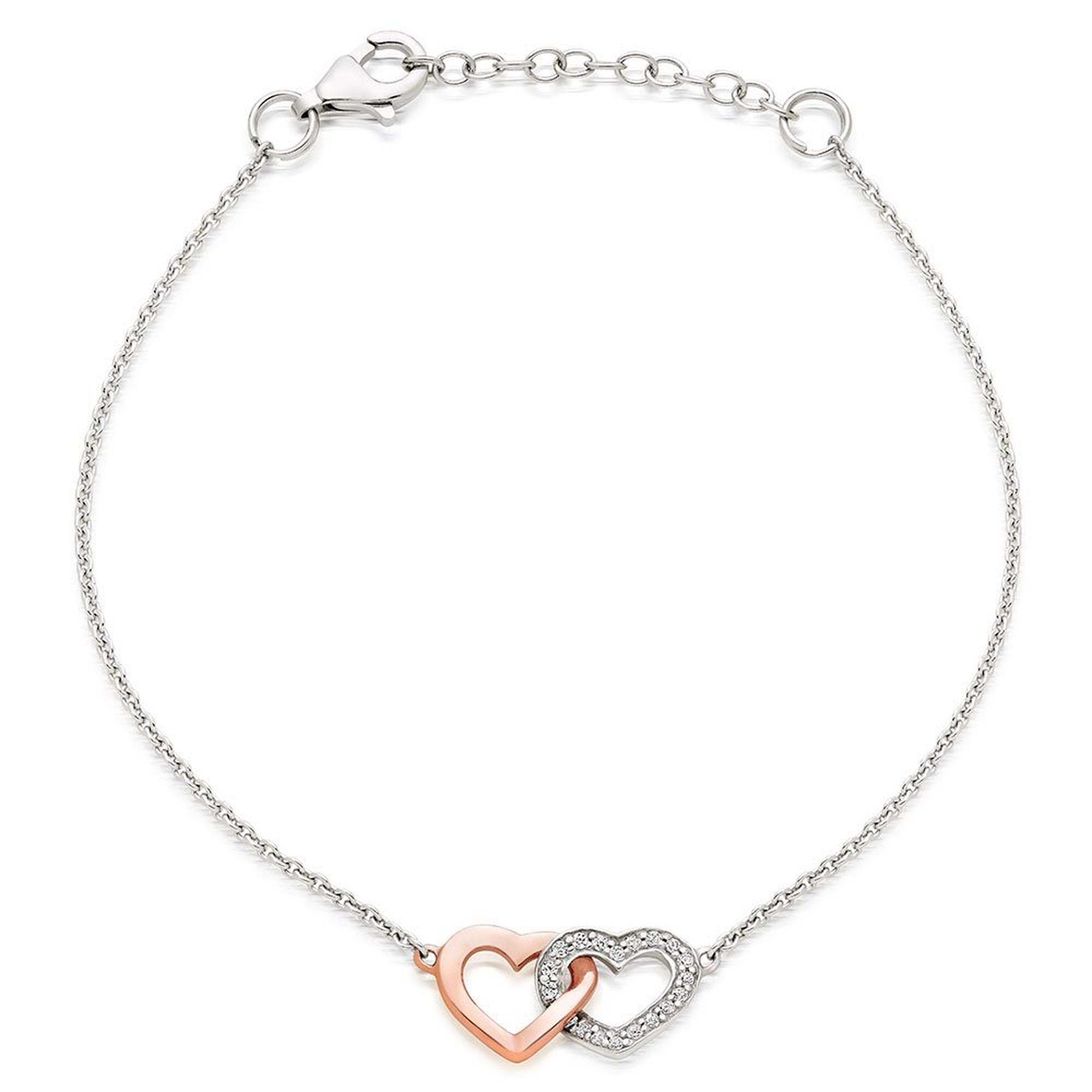 Silver and Rose Gold Plated Cubic Zirconia Double Heart Bracelet