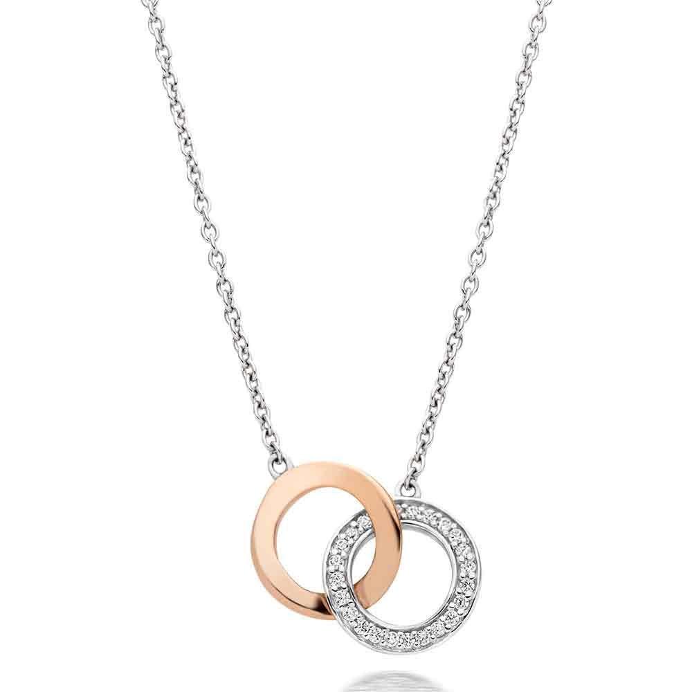 Silver and Rose Gold Plated Cubic Zirconia Double Circle Necklace