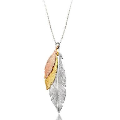 Three Colour Silver and Gold Plated Feather Necklace