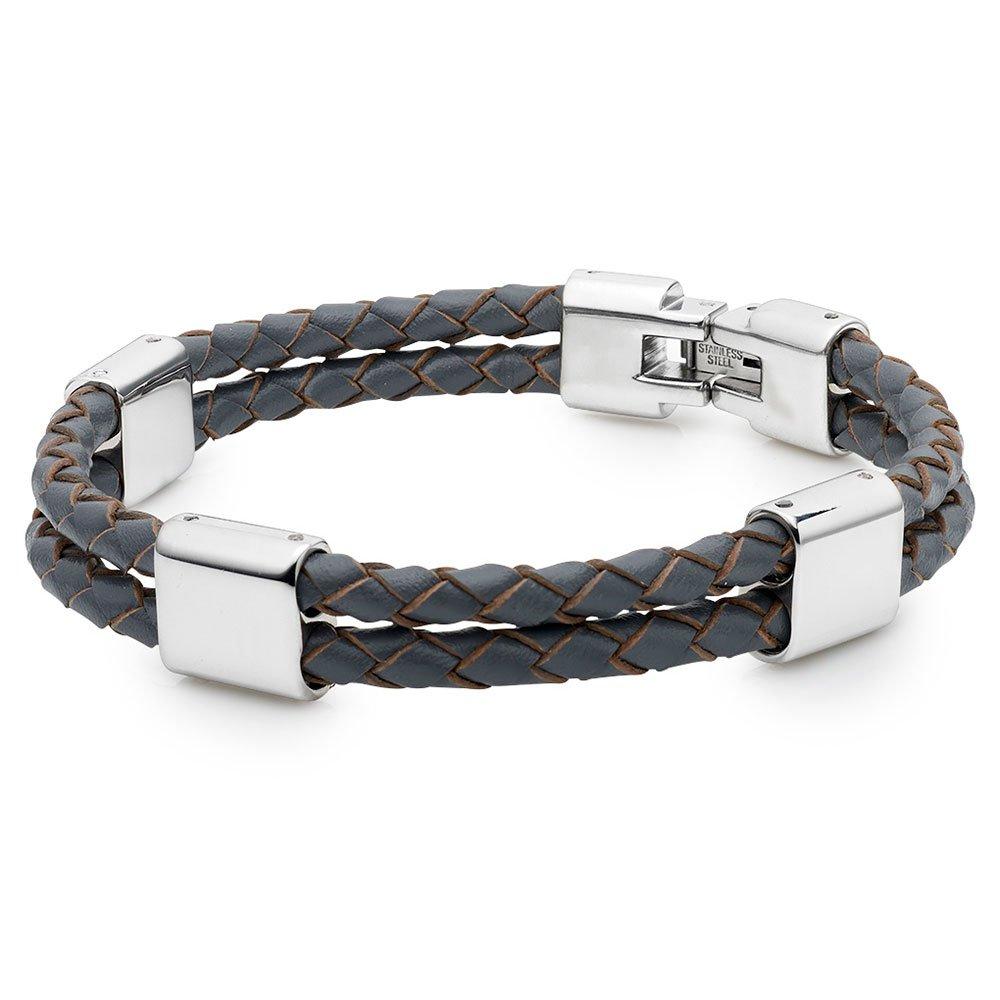 Grey Leather And Stainless Steel Men's Bracelet | 0110347 ...