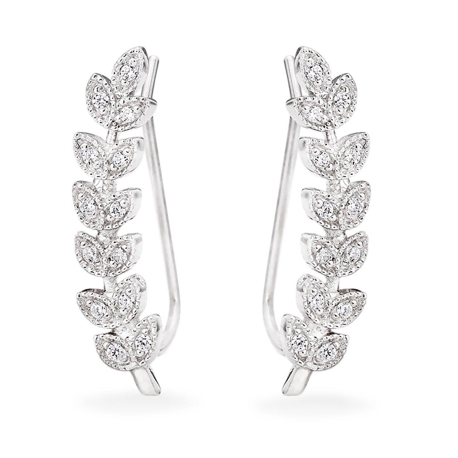 Beaverbrooks Silver Cubic Zirconia Leaf Climber Earrings