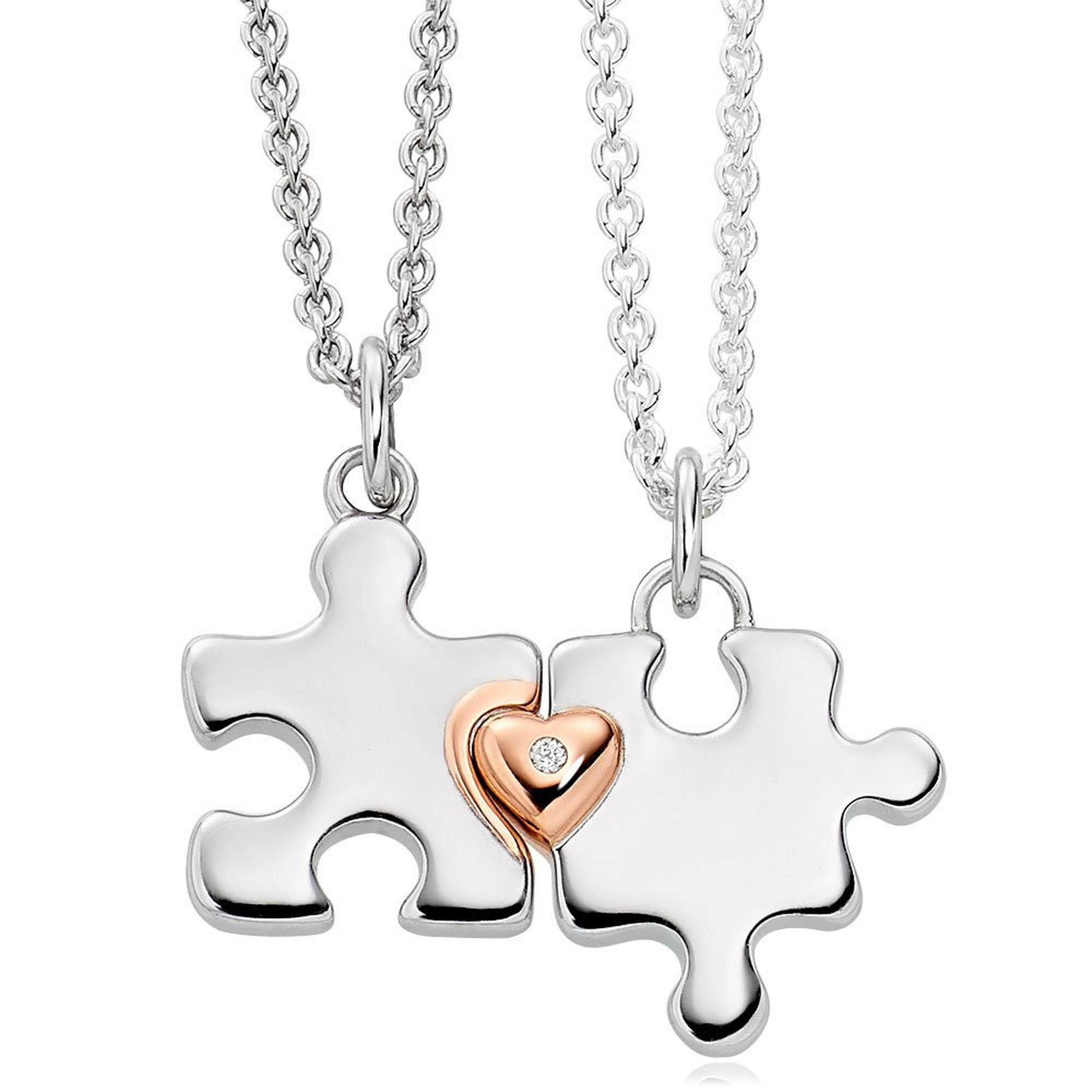Mini B Silver and Rose Gold Plated Diamond Jigsaw Mother Daughter Pendant Set