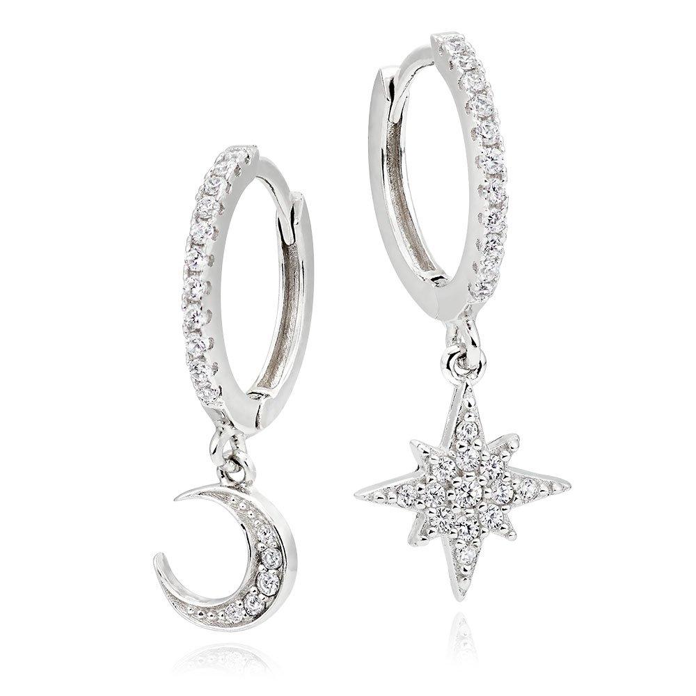 Silver Cubic Zirconia Moon Star Earrings