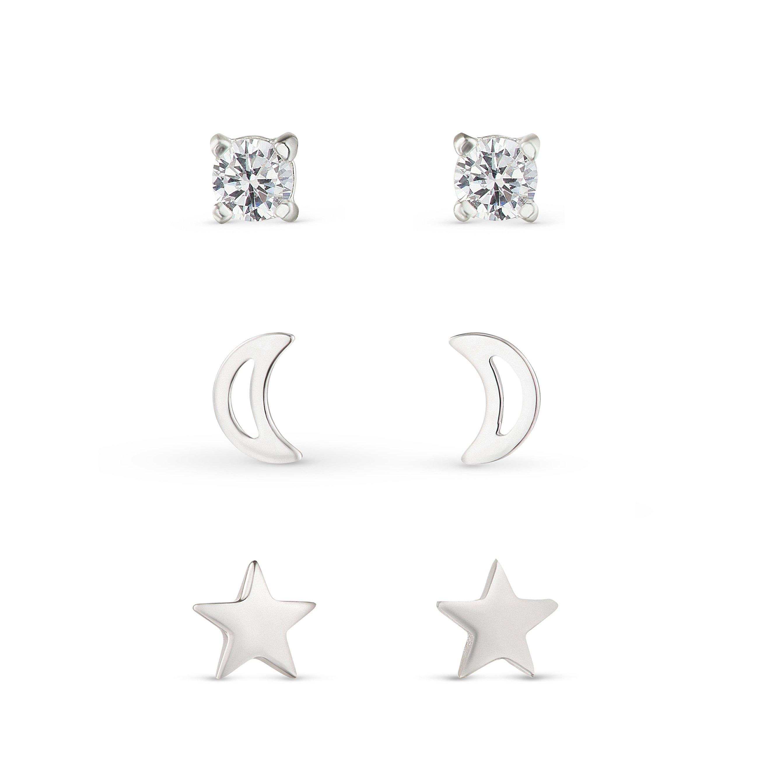 Silver Cubic Zirconia Moon and Star Earrings Set