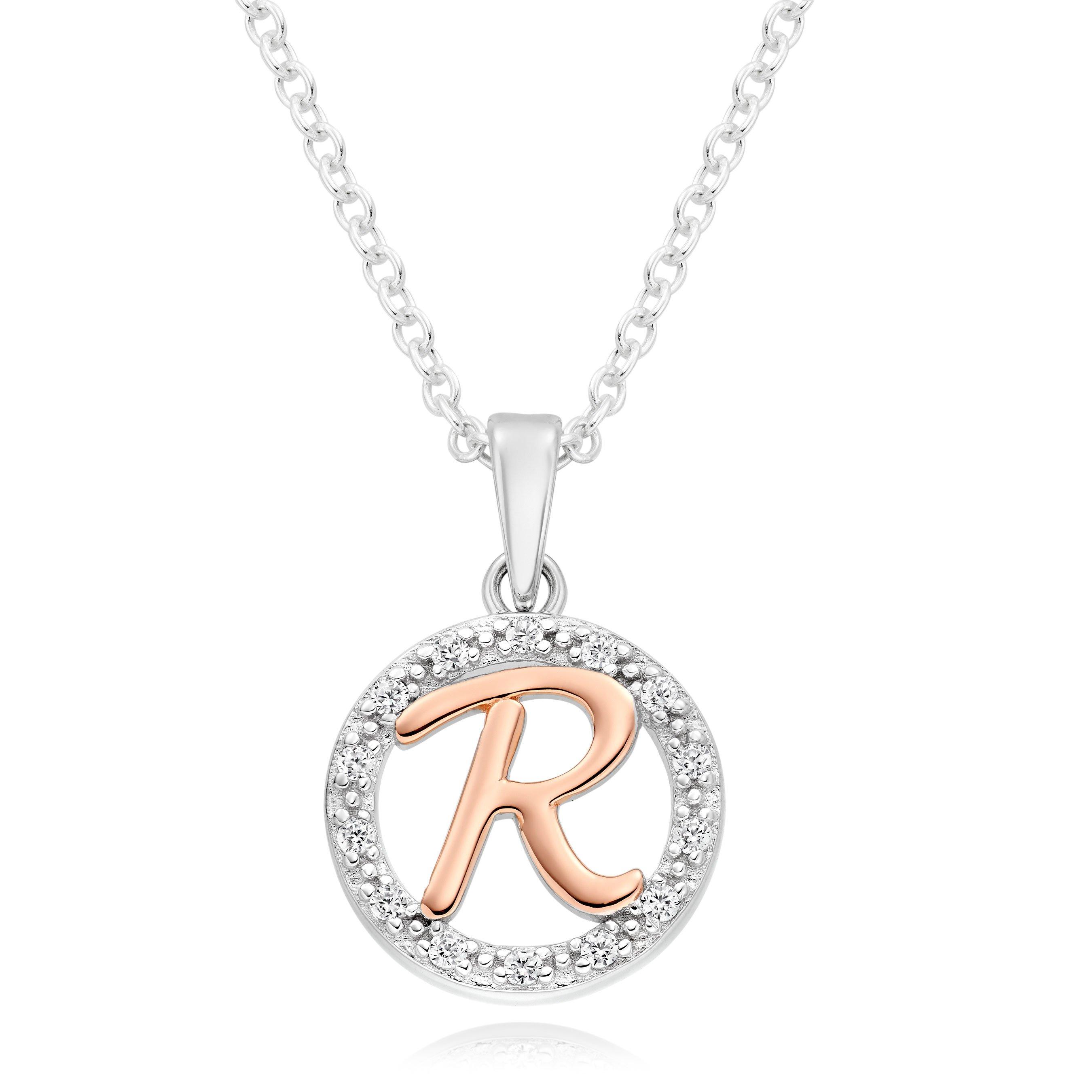 925 Sterling Silver Shiny Genuine Diamond Accent Letter R Pendant