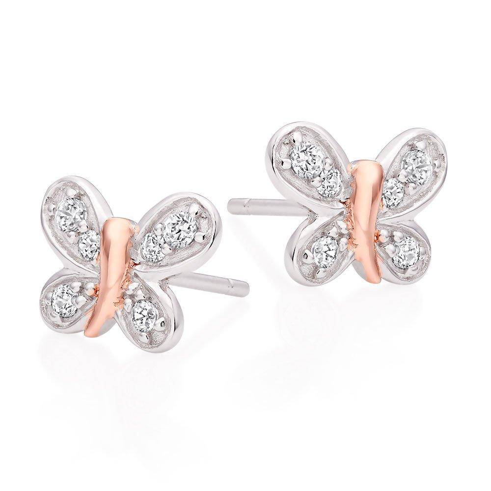 Mini B Silver and Rose Gold Plated Cubic Zirconia Butterfly Earrings