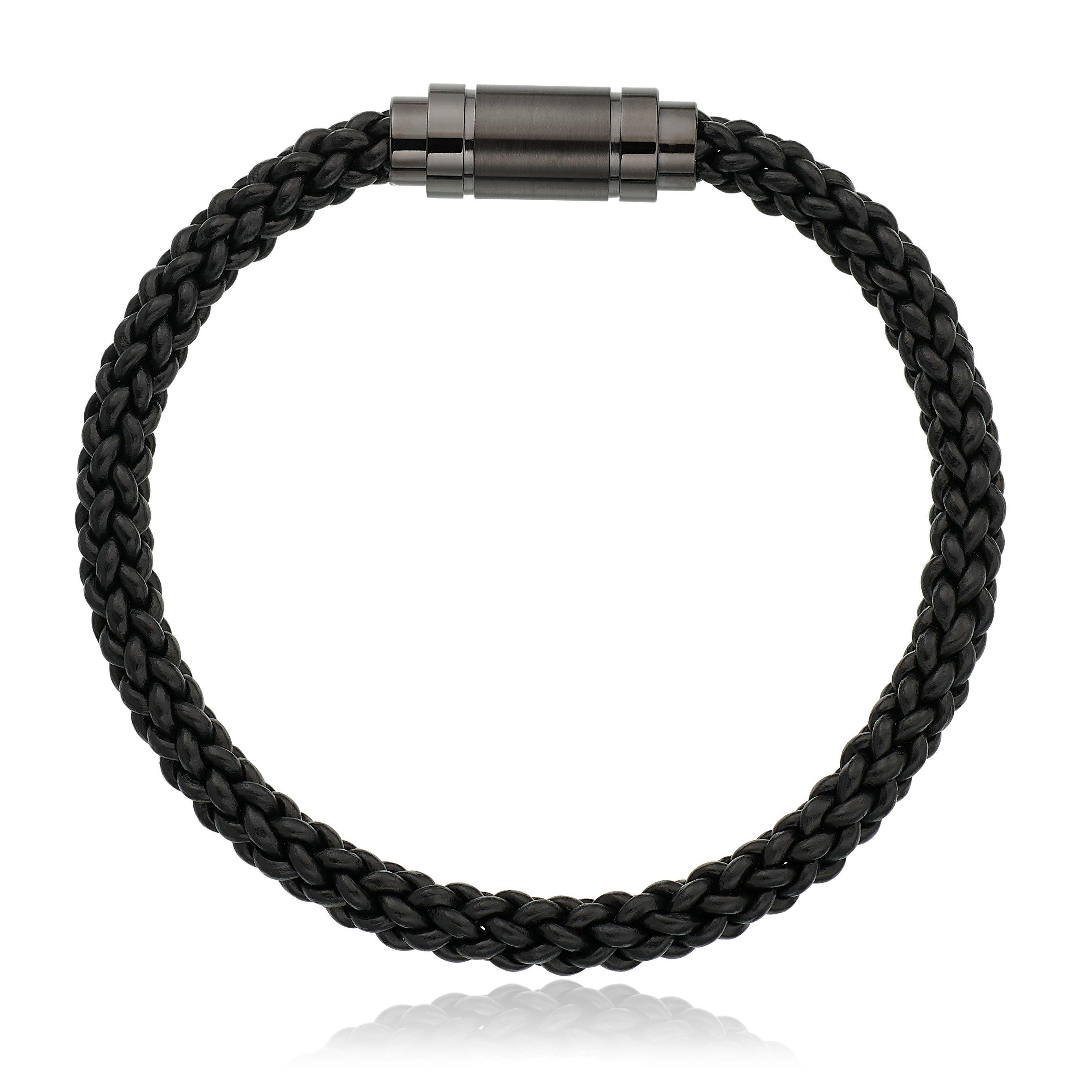 Stainless Steel Black Leather Plait Men's Bracelet