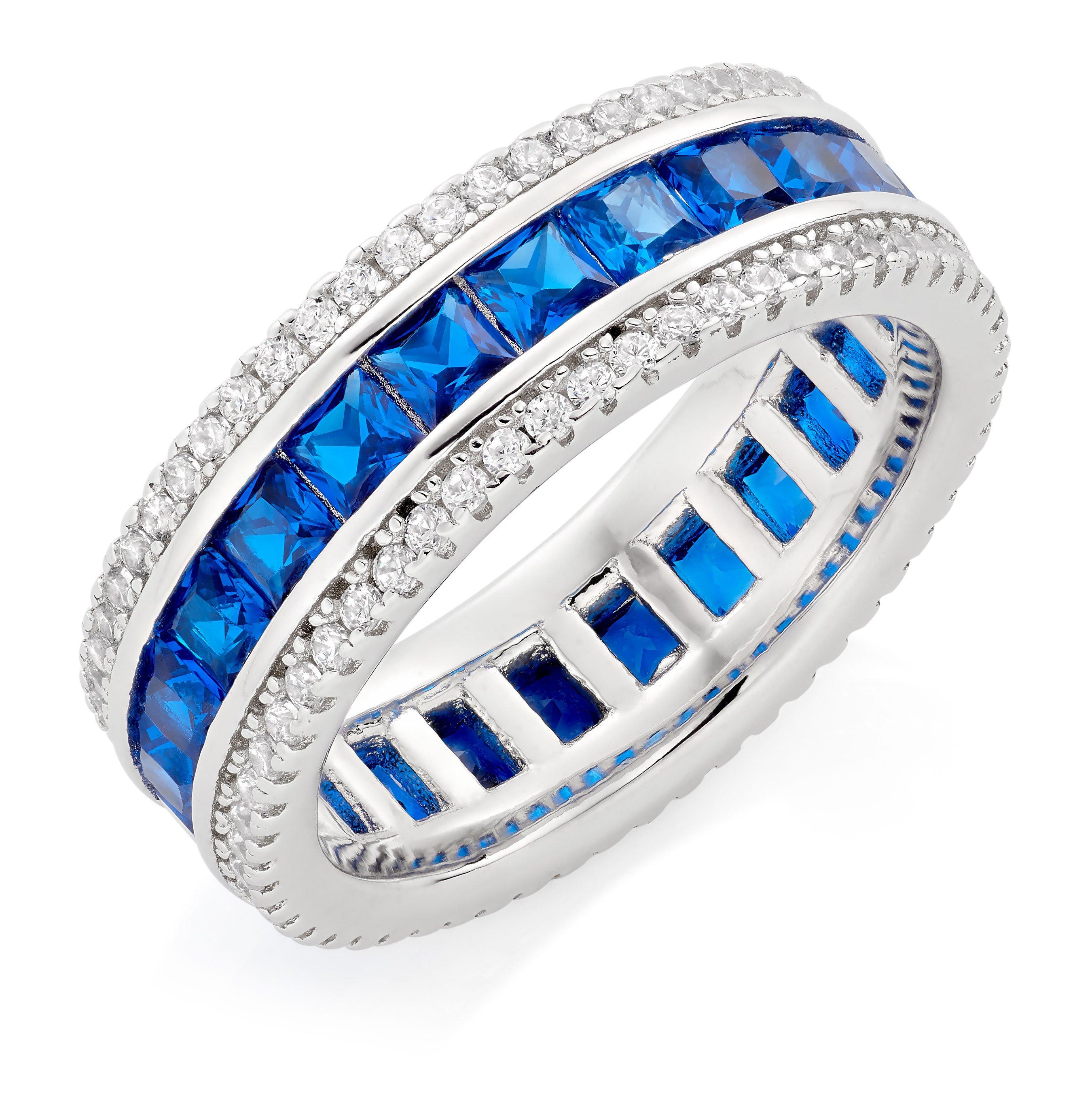 Silver Cubic Zirconia Blue Triple Row Ring