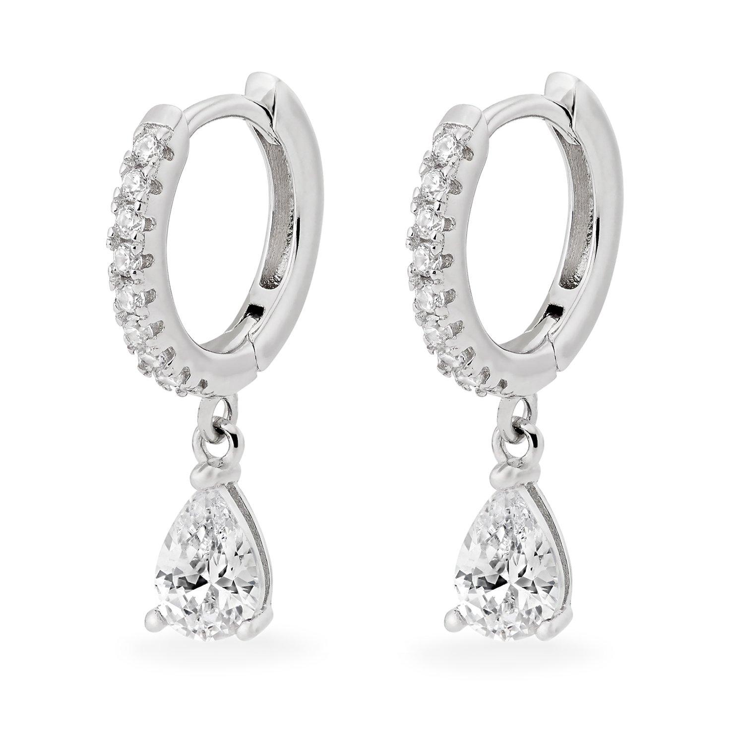 Silver Cubic Zirconia Pear Drop Hoop Earrings