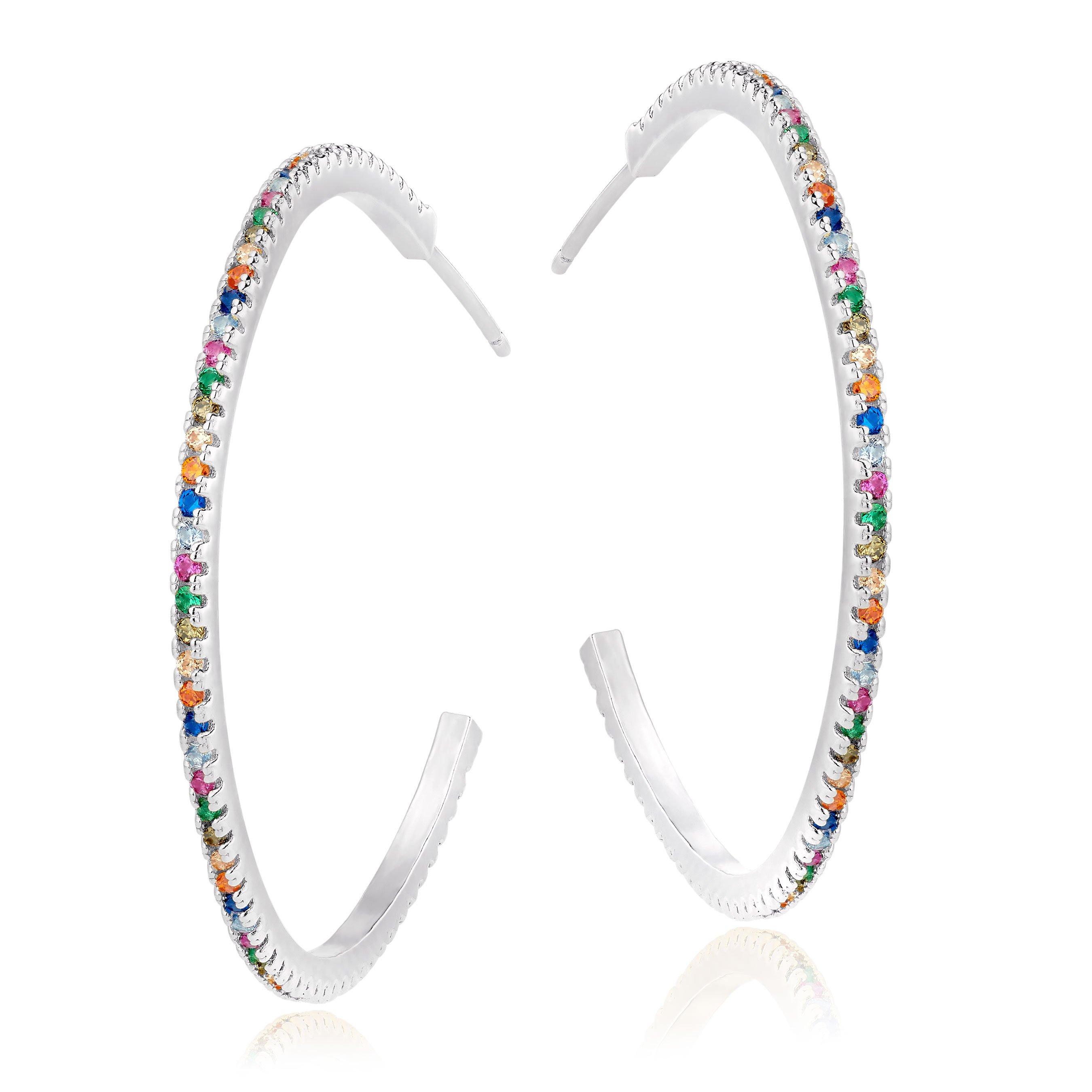 Silver Cubic Zirconia Multi Coloured Hoop Earrings 0120833