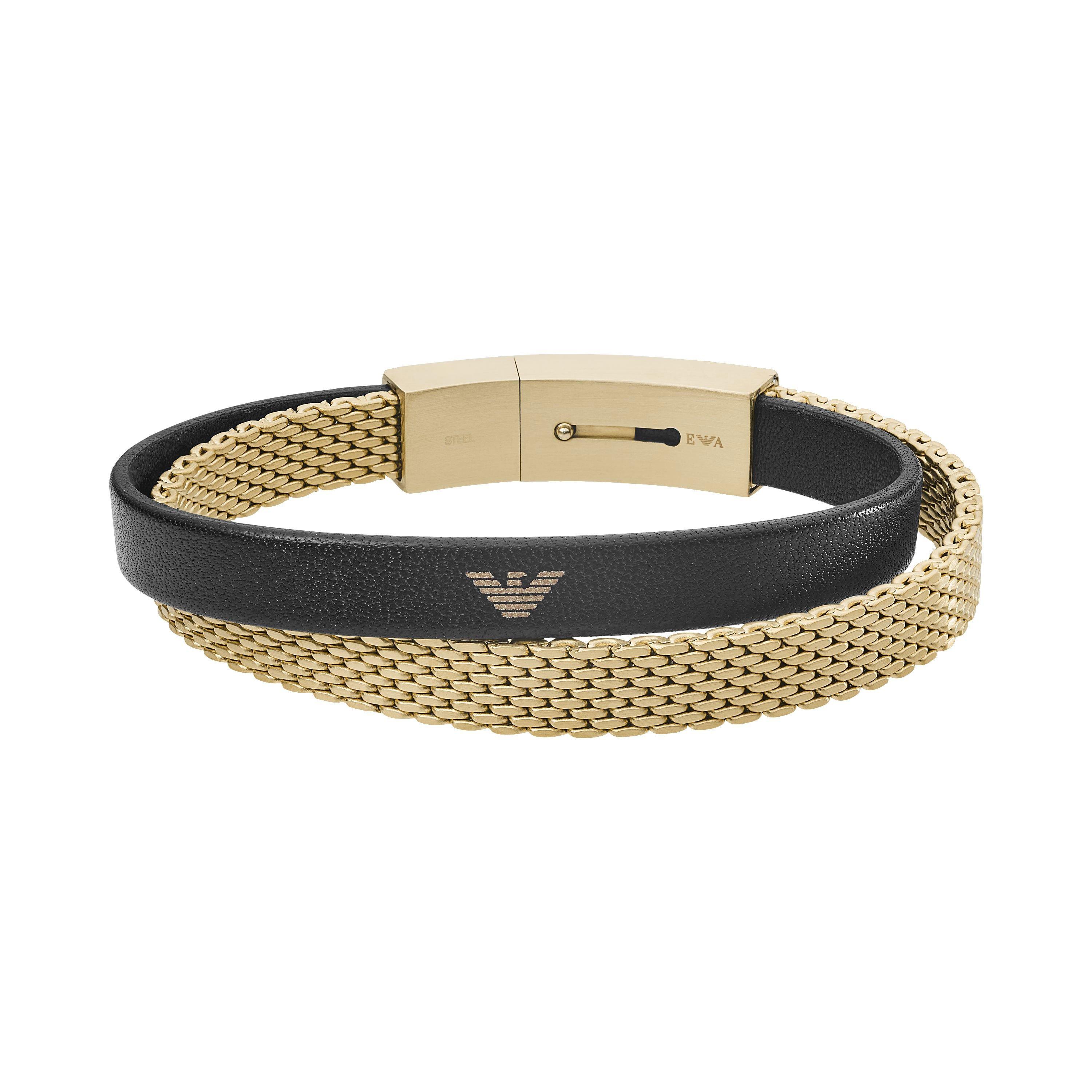 Emporio Armani Gold Tone and Black Leather Men's Bracelet | 0121257 |  Beaverbrooks the Jewellers