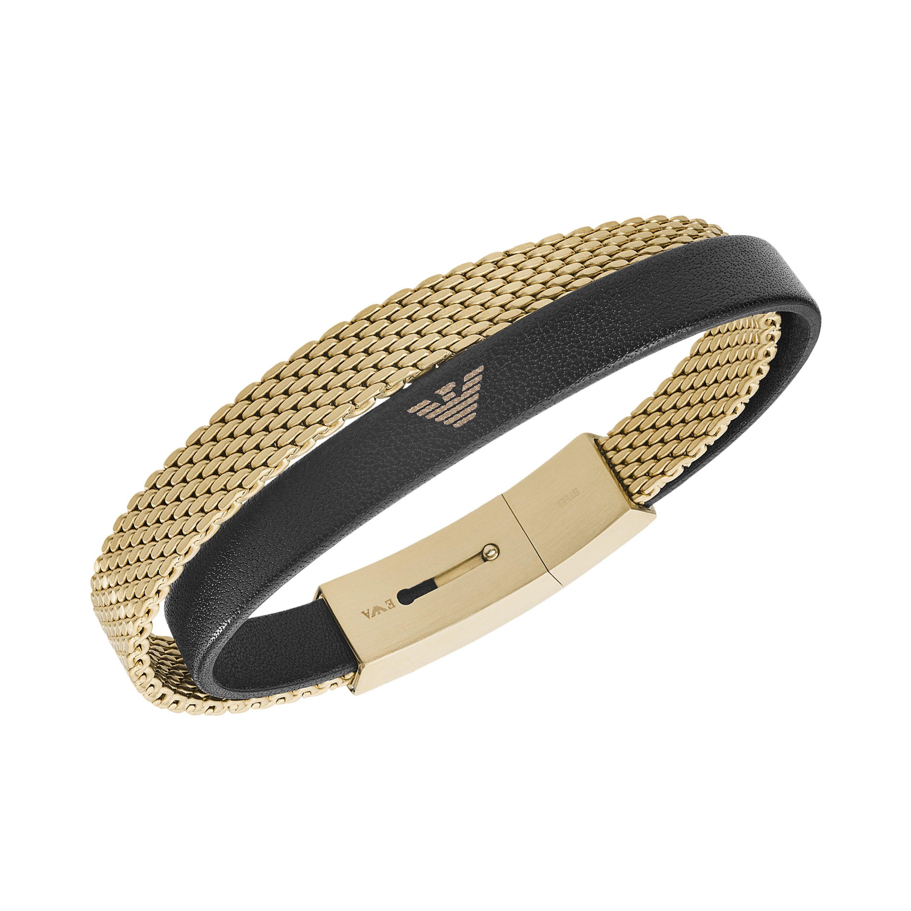 Emporio Armani Gold Tone and Black Leather Men's Bracelet