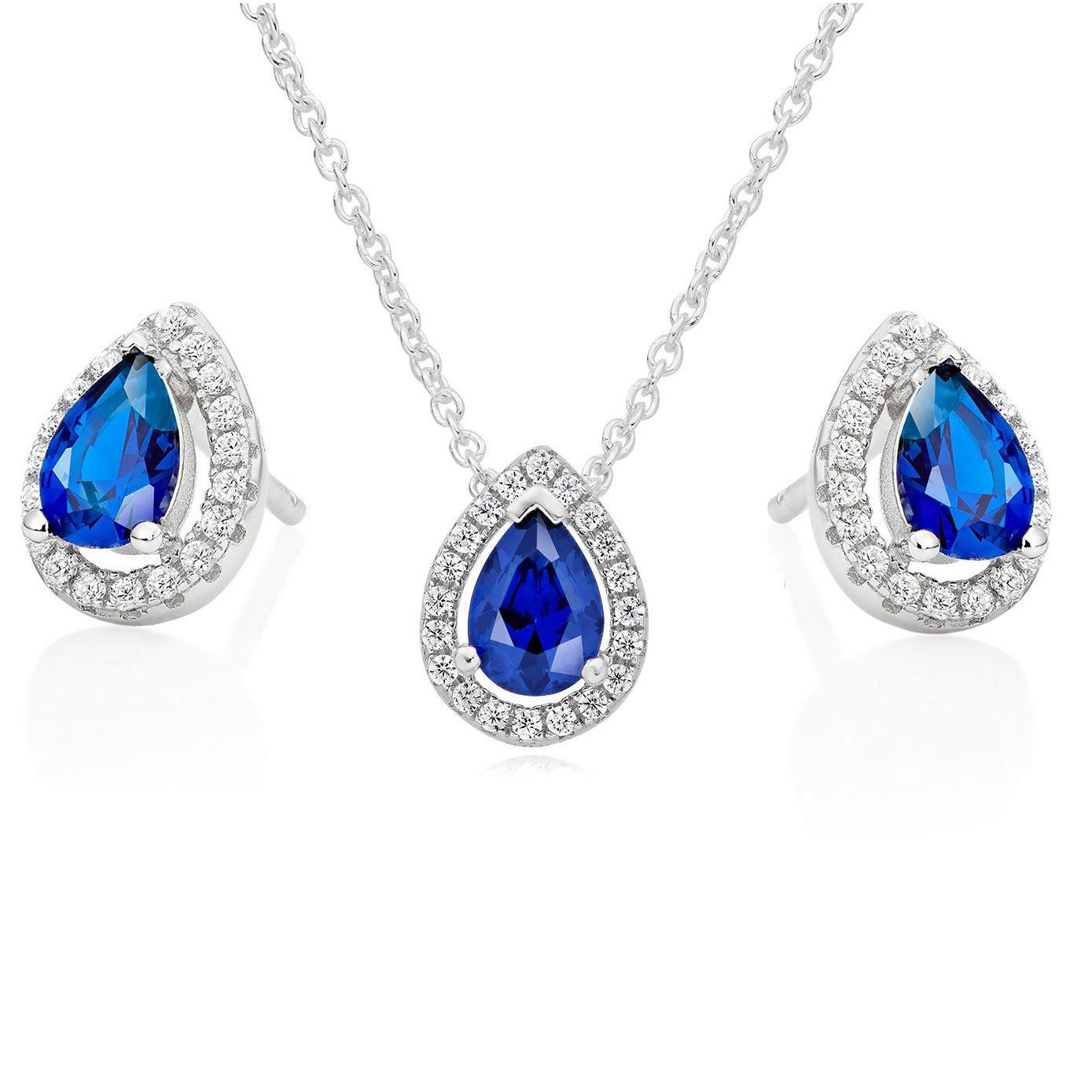 Silver Blue Cubic Zirconia Halo Pendant Set
                                    