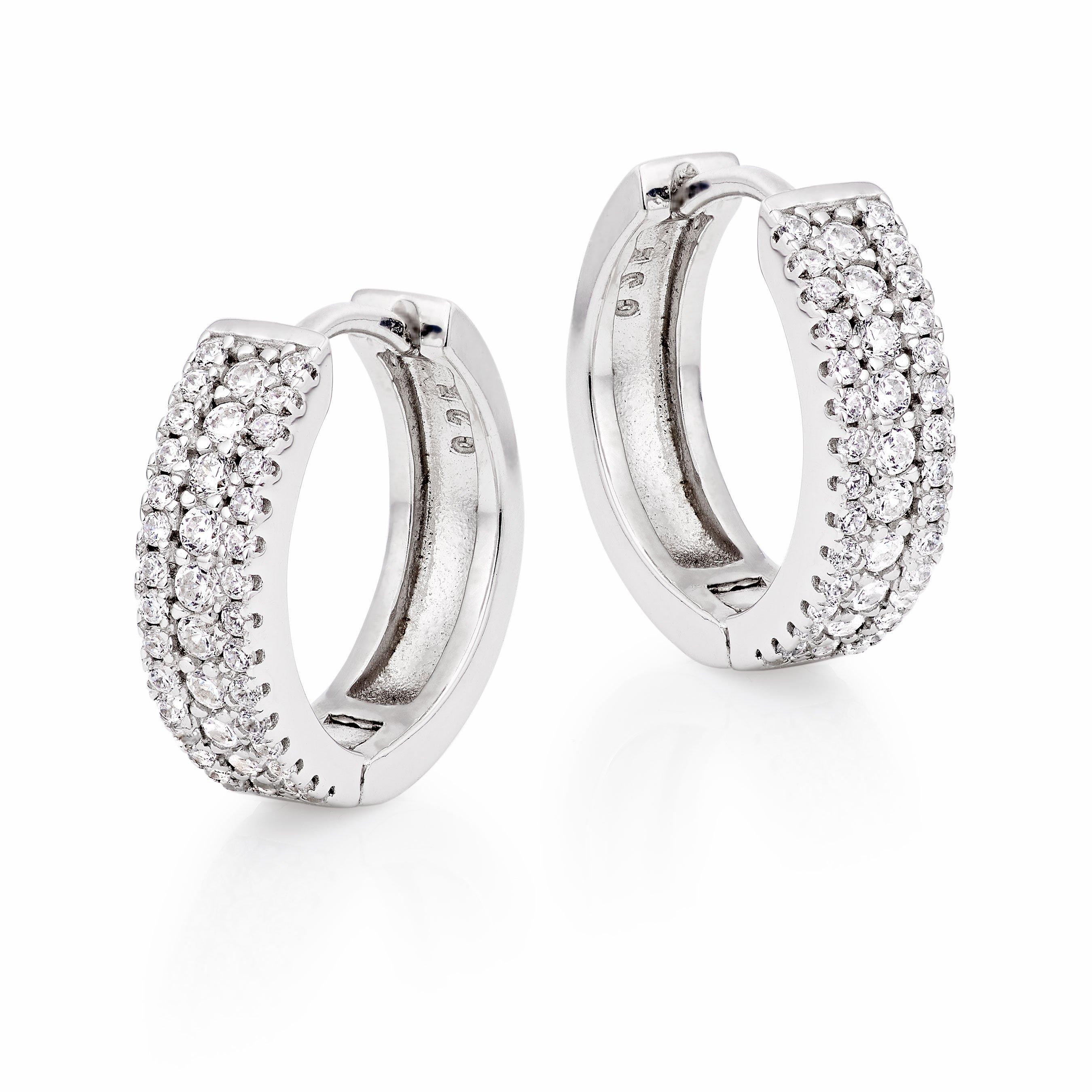 Silver Cubic Zirconia Triple Row Hoop Earrings