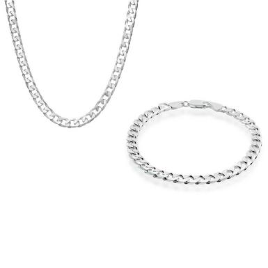 Silver Men's Curb Chain and Bracelet Set