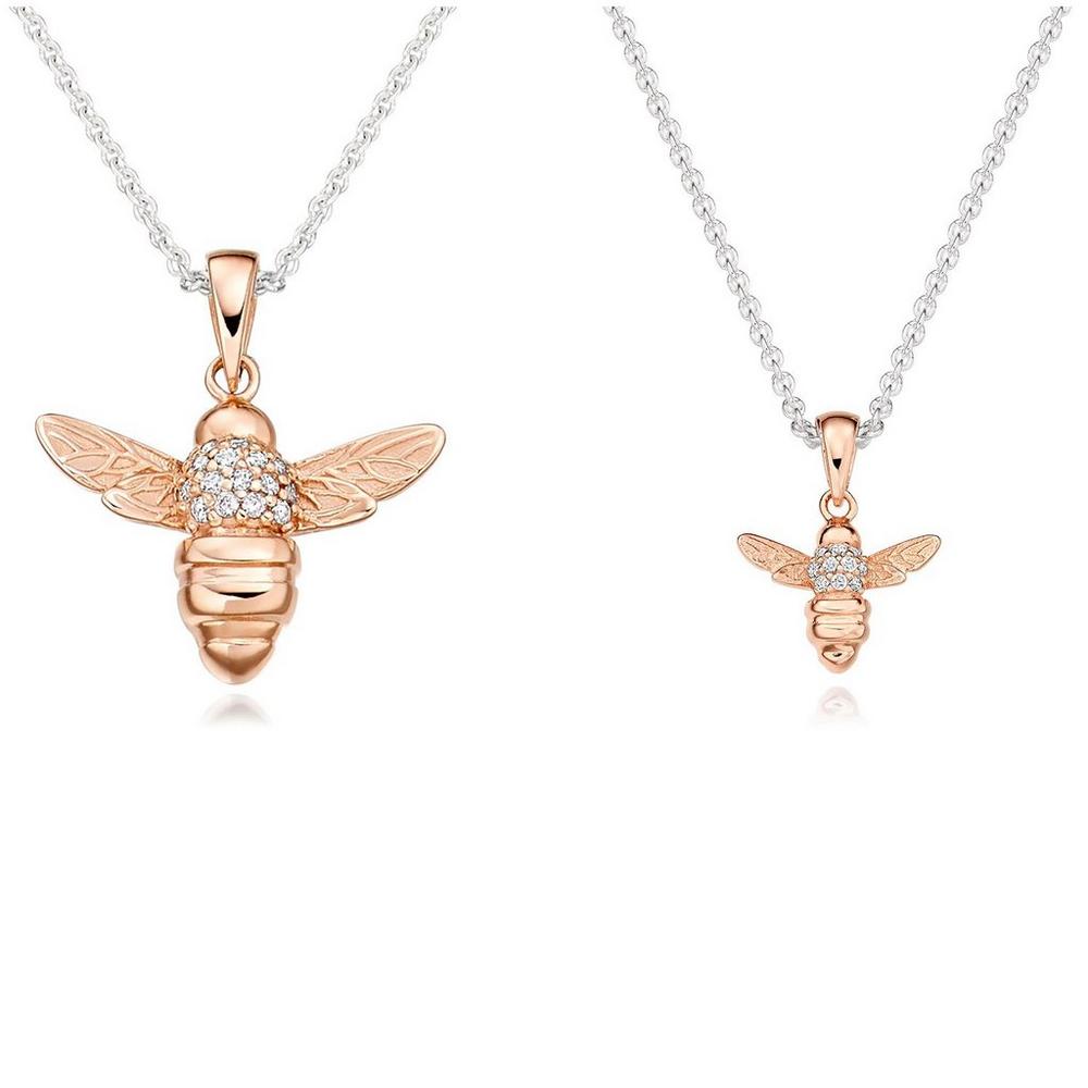 Silver and Rose Gold Plated Cubic Zirconia Bee Mother and Daughter Pendant Set