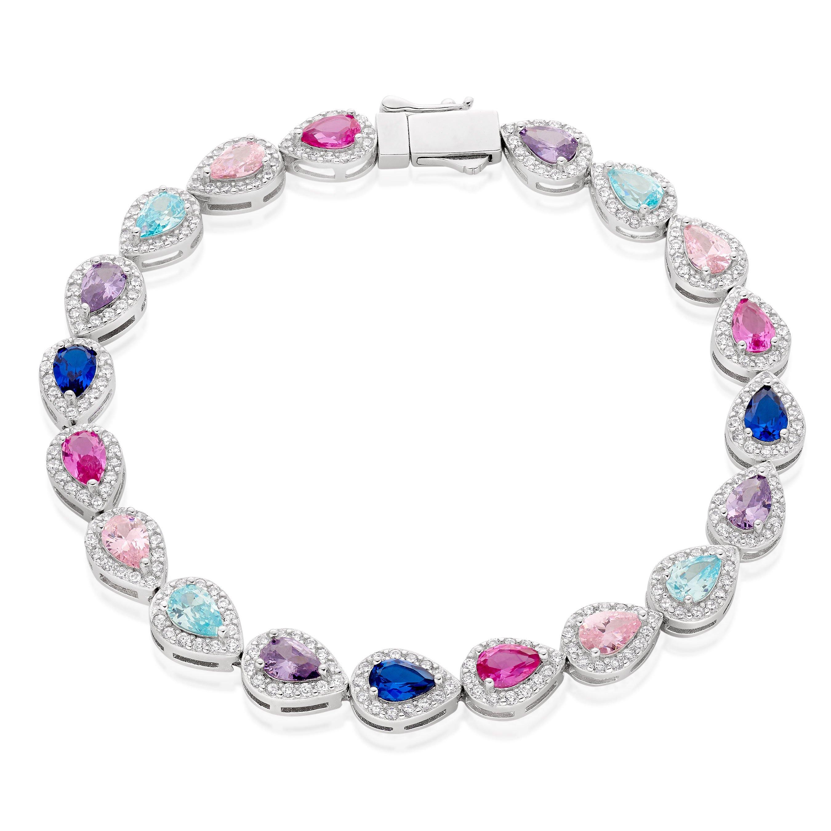 silver multi coloured cubic zirconia pear halo bracelet