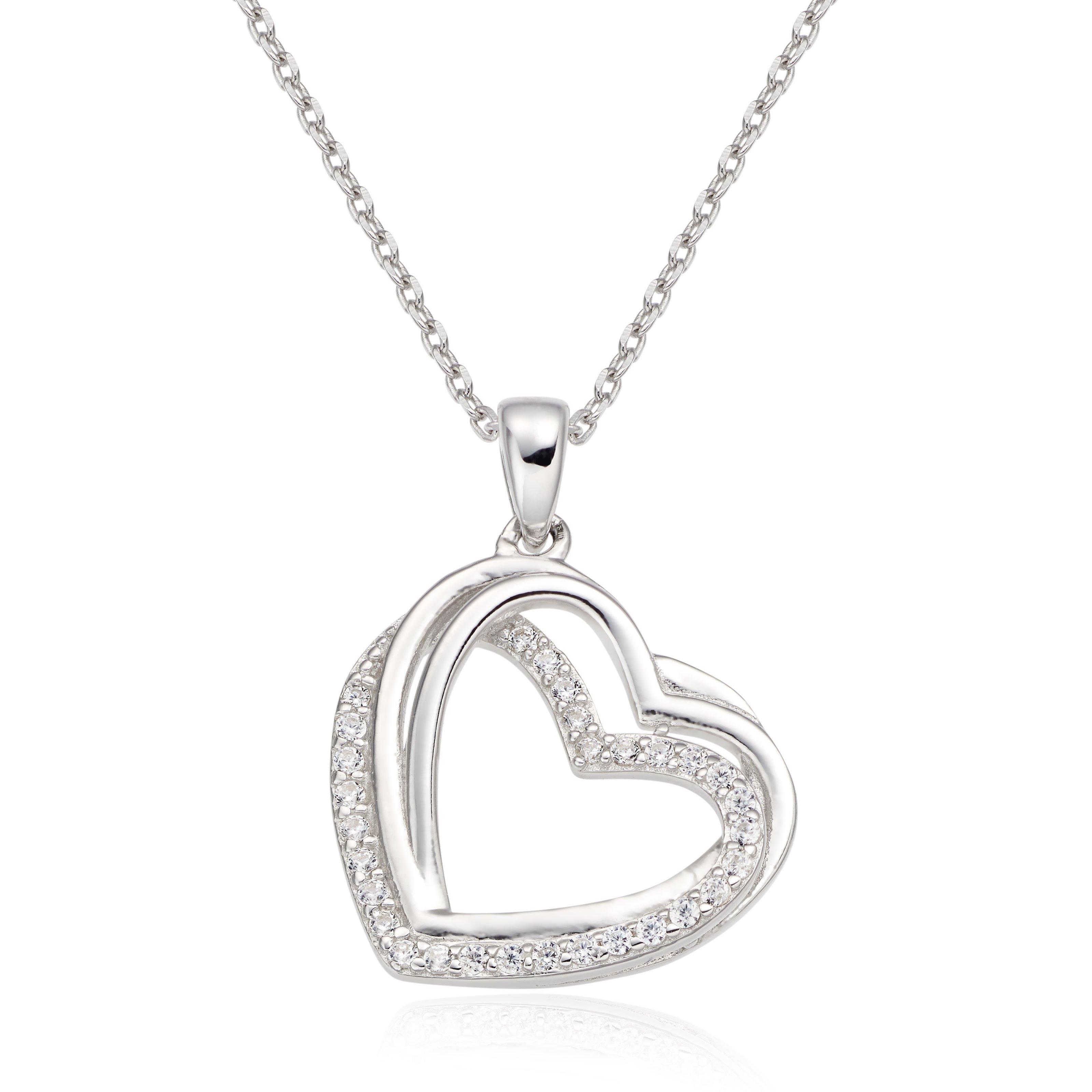 Silver Cubic Zirconia Double Heart Necklace, 0112496
