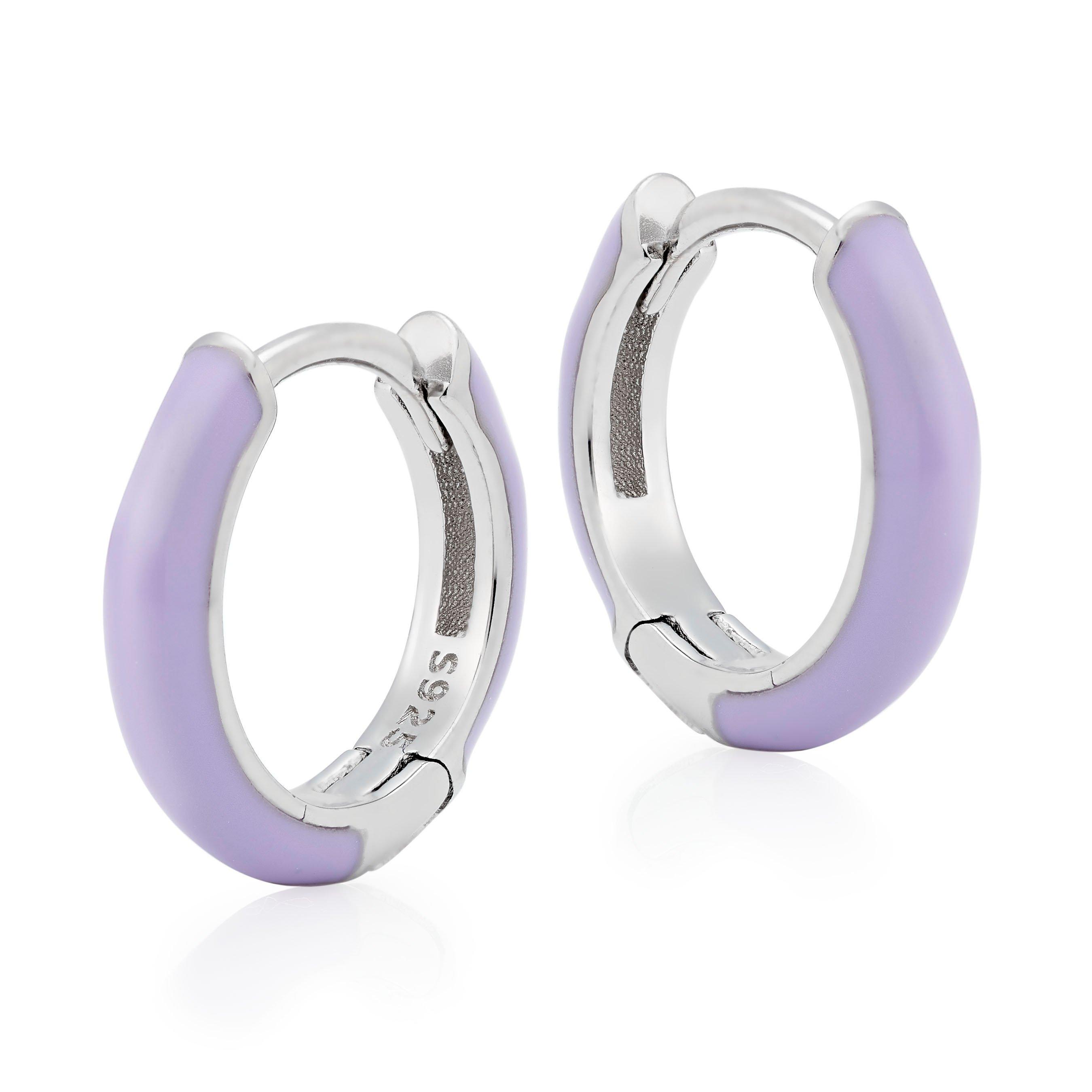 Silver Enamel Purple Hoop Earrings