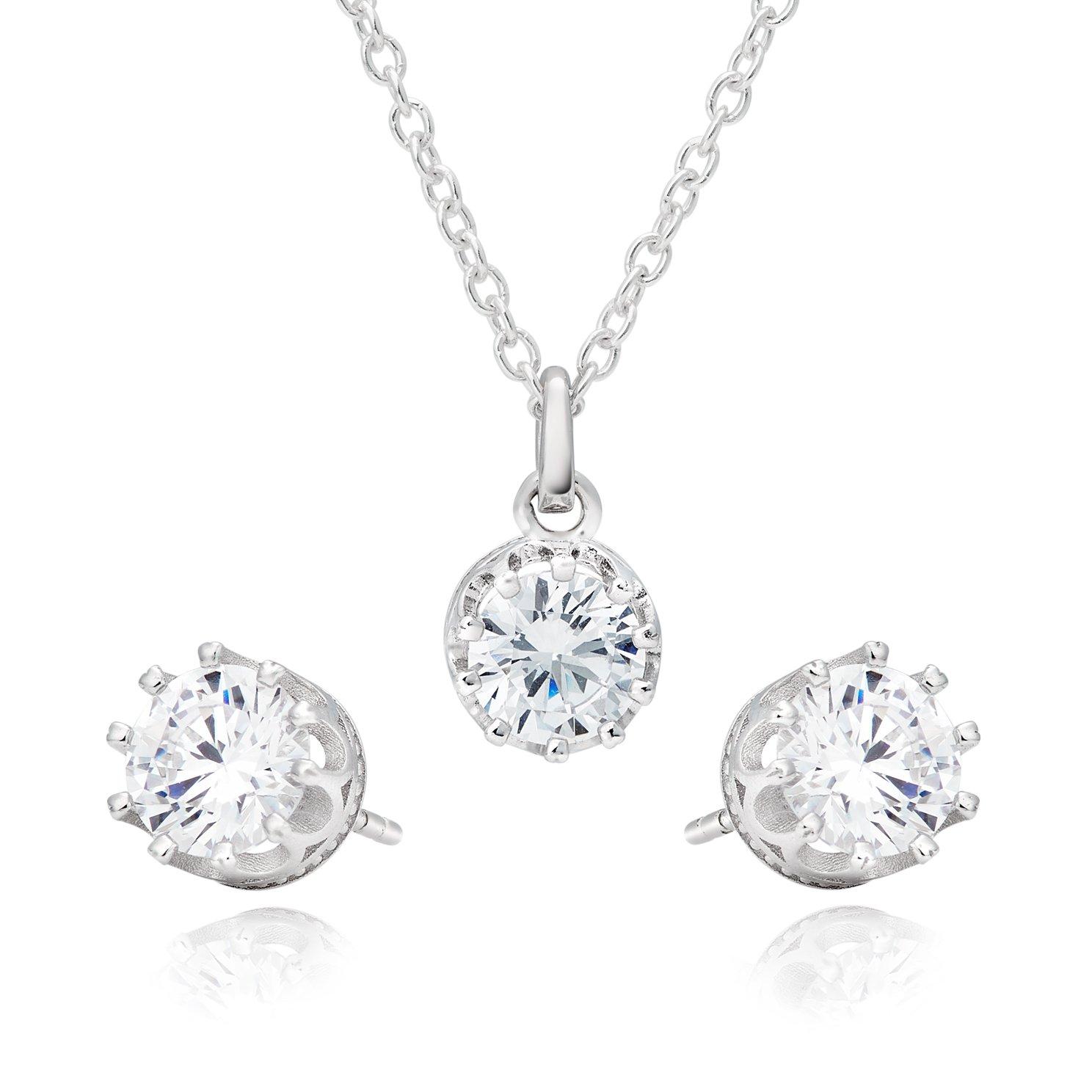 Silver Cubic Zirconia Crown Earrings and Pendant Set 0136524
