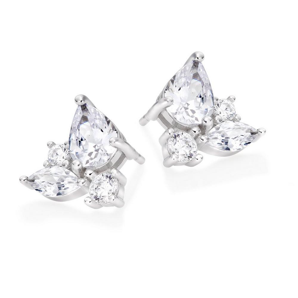 Silver Cubic Zirconia Pear Cluster Stud Earrings