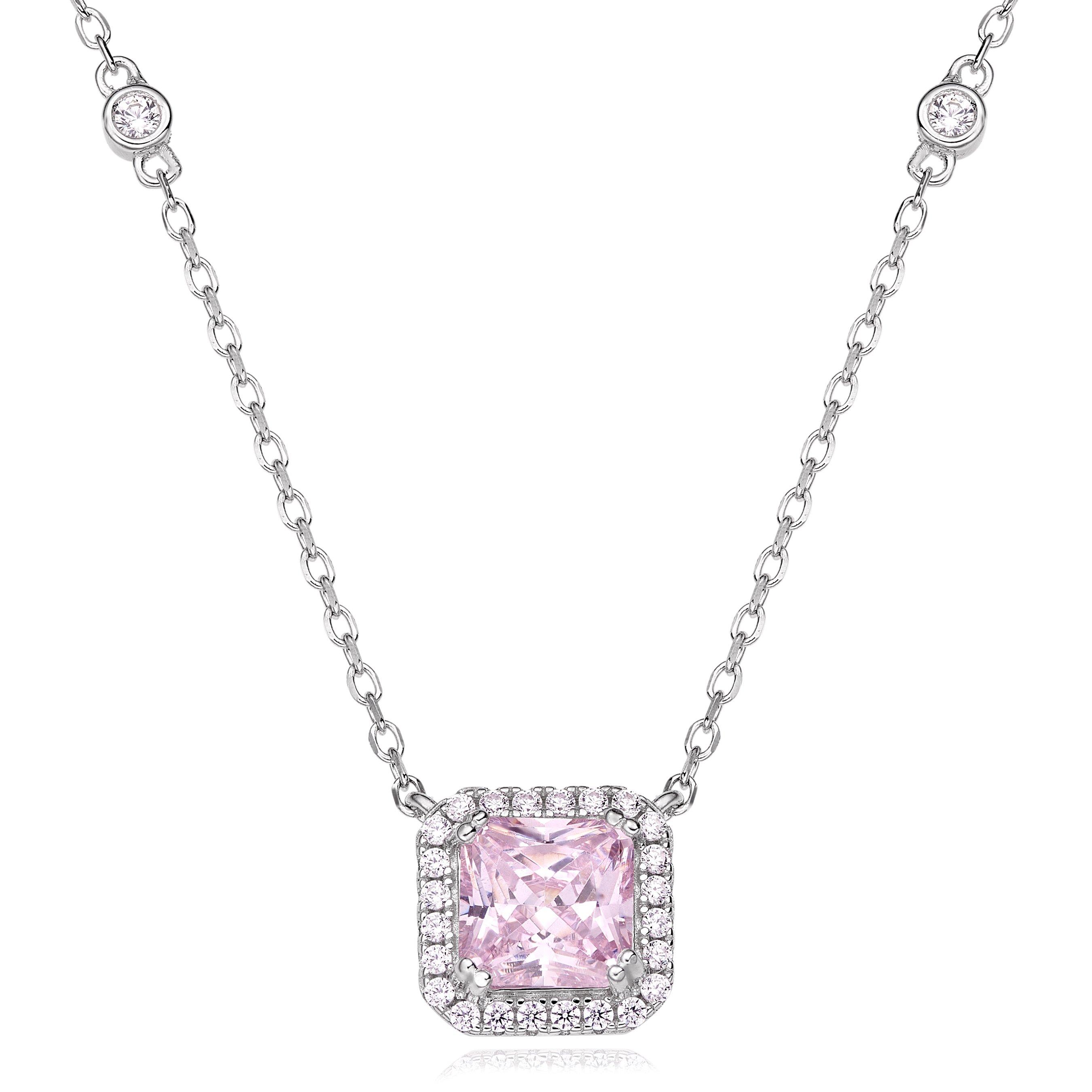 Silver Cubic Zirconia Pink Halo Necklace