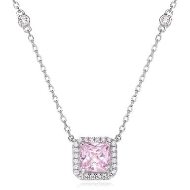 Silver Cubic Zirconia Pink Halo Necklace