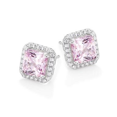 Silver Cubic Zirconia Pink Halo Stud Earrings