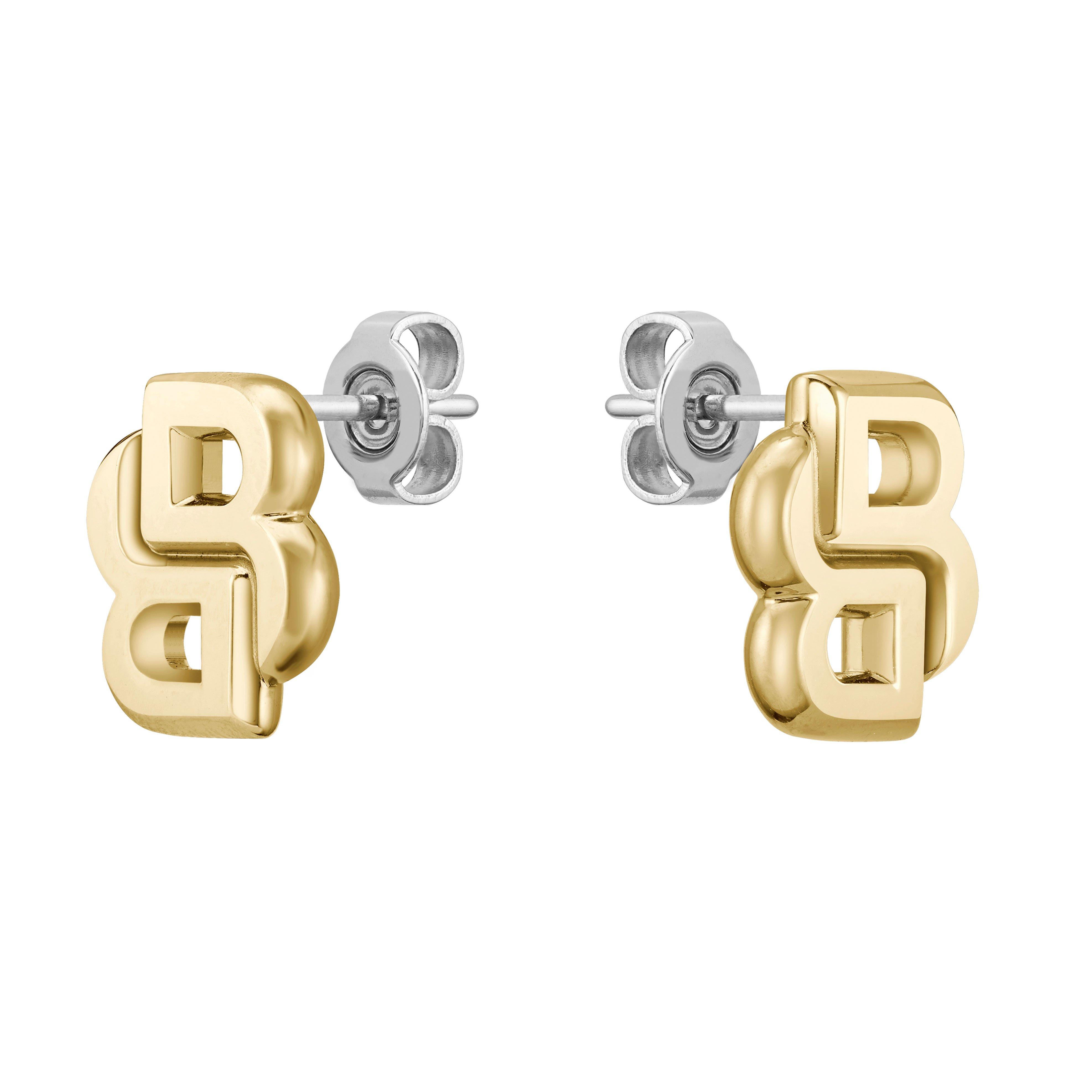 BOSS Double B Women's Monogram Yellow Gold Plated Stud Earrings, Size 14mm