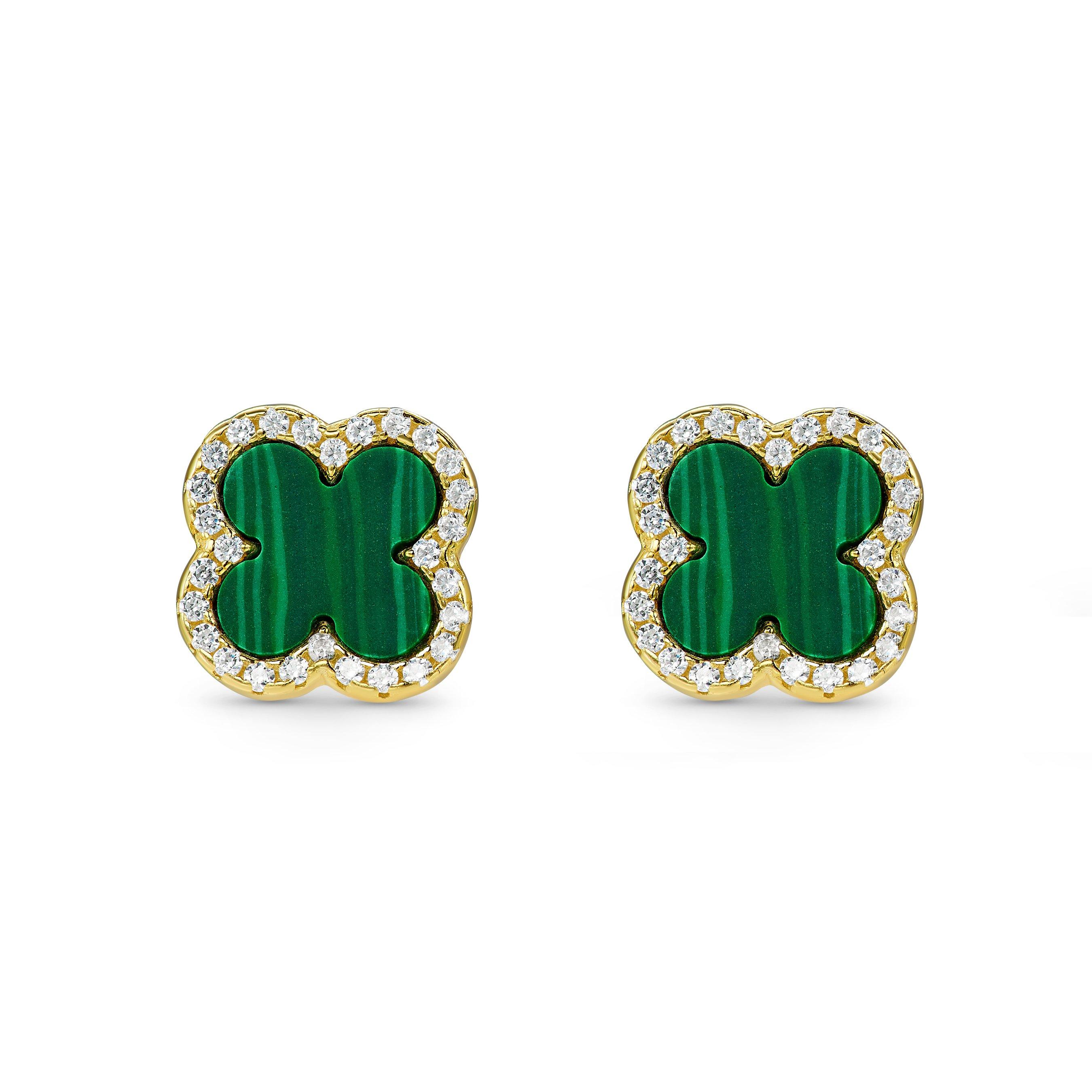 Yellow Gold Plated Cubic Zirconia Malachite Clover Earrings